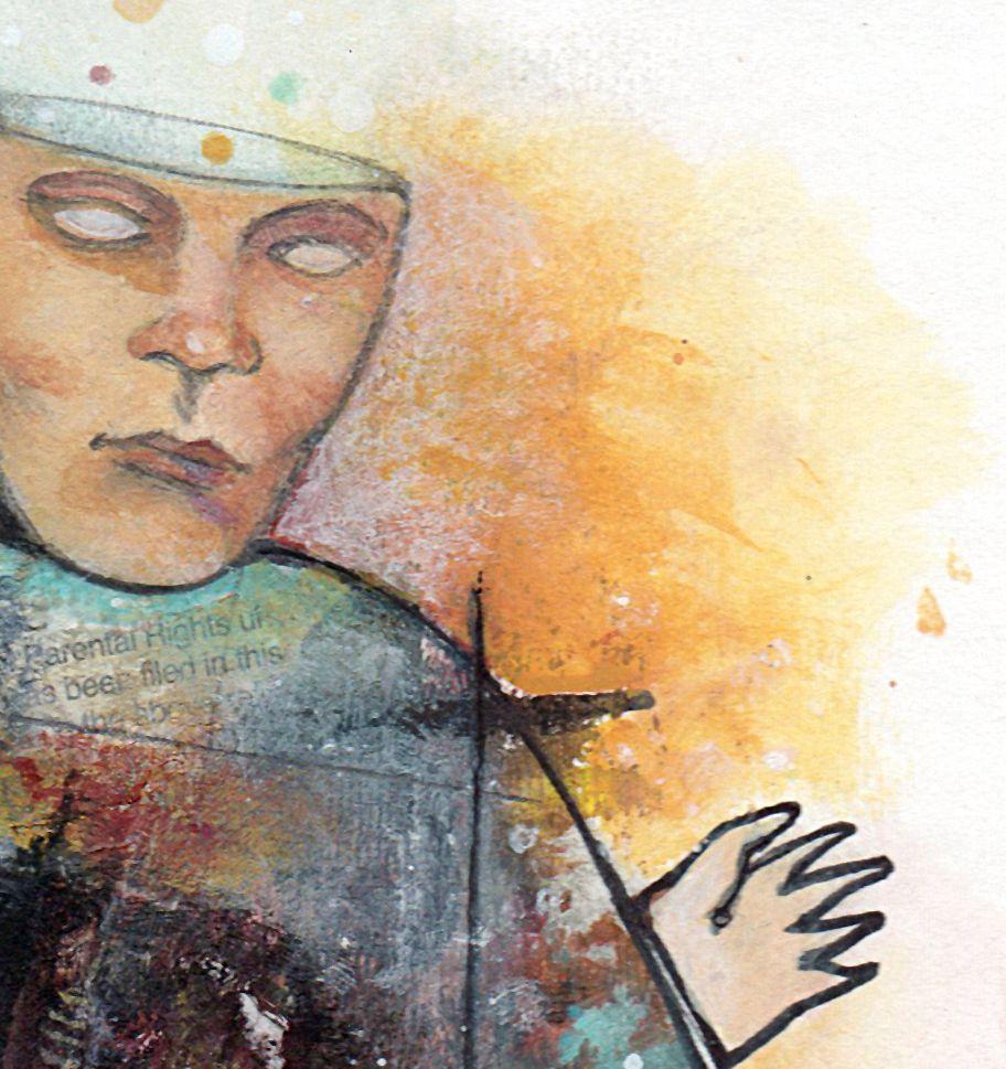 Illustrazione/pittura originale con acrilico, inchiostro, matita colorata e carta tagliata.   Realizzato su carta d'archivio, montato e opacizzato con accoppiamento bianco senza acidi.  Le dimensioni complessive sono 10