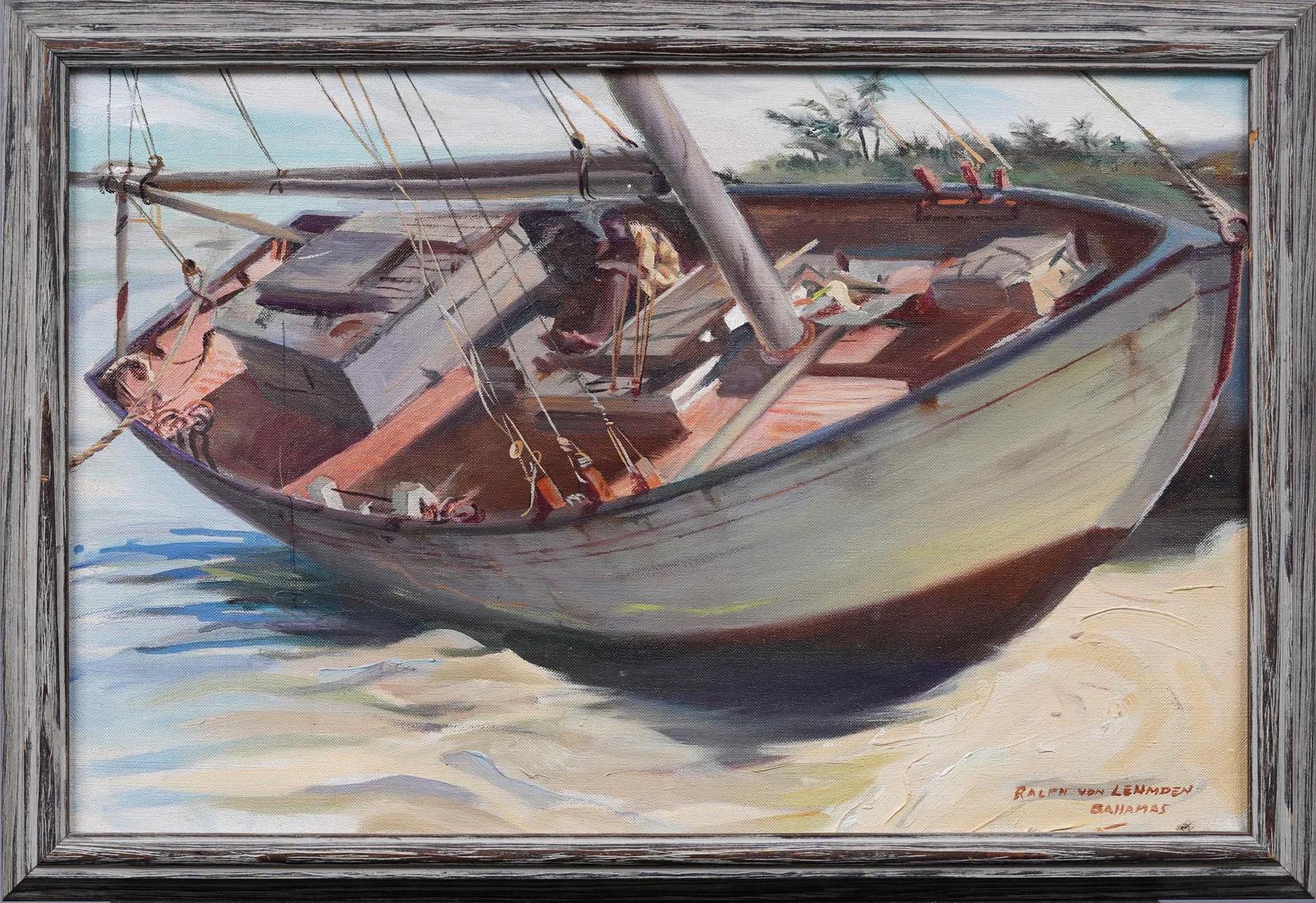 Large Antique American Impressionist Tropical Nassau Bahamas Seascape Sailboat - Painting by Ralph Von Lehmden