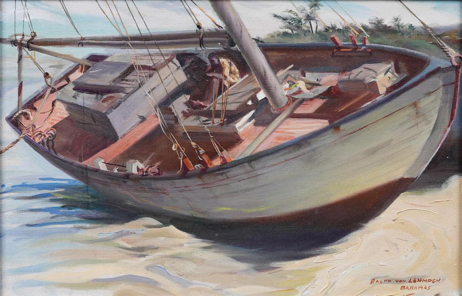 Large Antique American Impressionist Tropical Nassau Bahamas Seascape Sailboat - Gray Landscape Painting by Ralph Von Lehmden