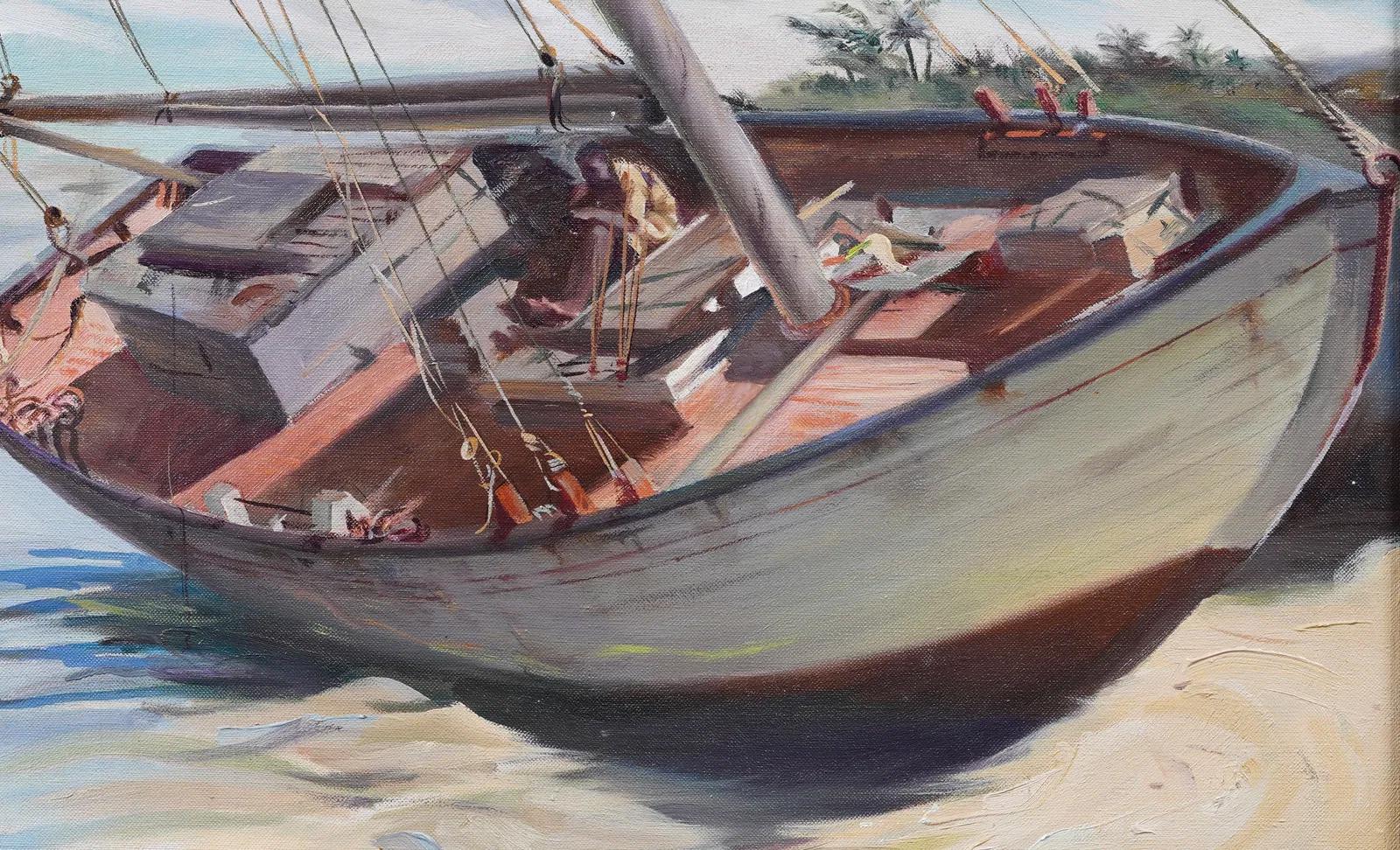 Grand voilier impressionniste américain ancien Tropical Nassau Bahamas Seascape - Gris Landscape Painting par Ralph Von Lehmden