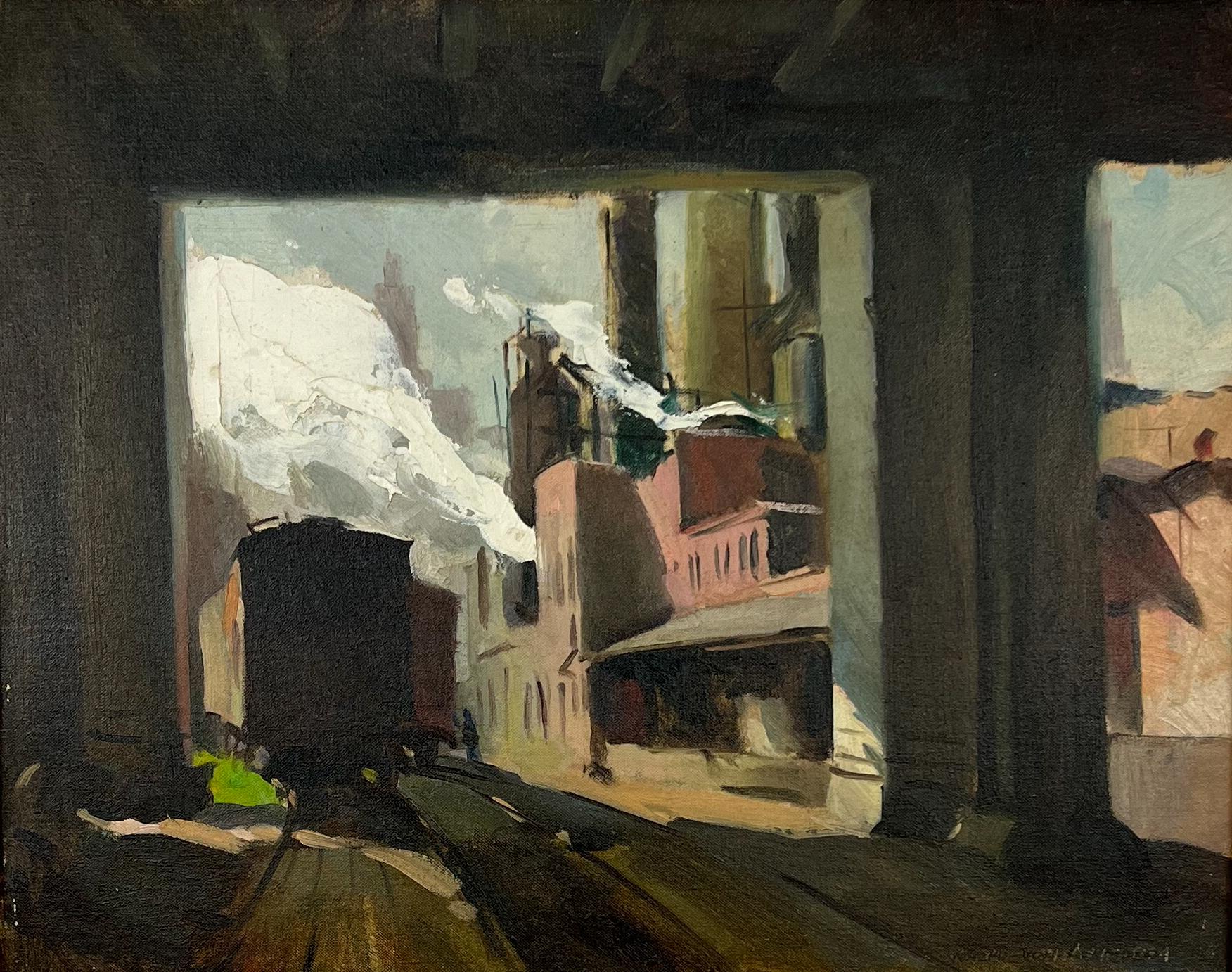 Domingo c.1940  Paisaje industrial Pintura al óleo de vías de tren Chicago. - Painting de Ralph Von Lehmden