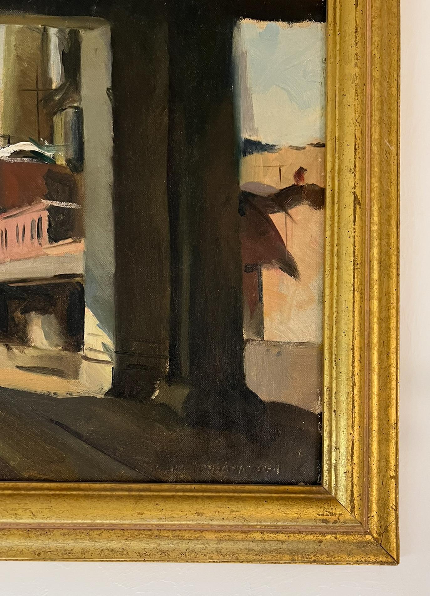 Domingo c.1940  Paisaje industrial Pintura al óleo de vías de tren Chicago. - Landscape Painting Marrón de Ralph Von Lehmden