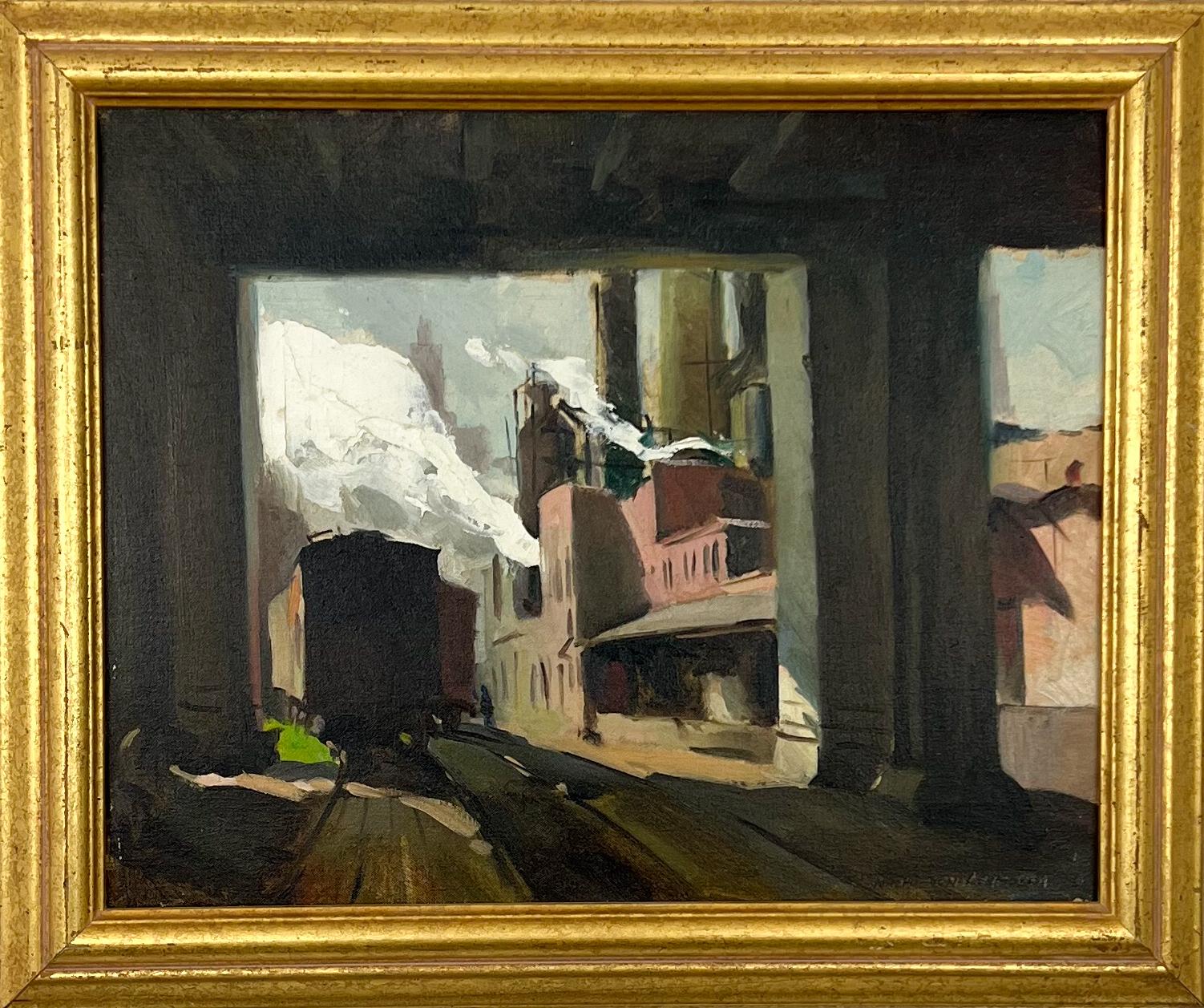Landscape Painting de Ralph Von Lehmden - Domingo c.1940  Paisaje industrial Pintura al óleo de vías de tren Chicago.