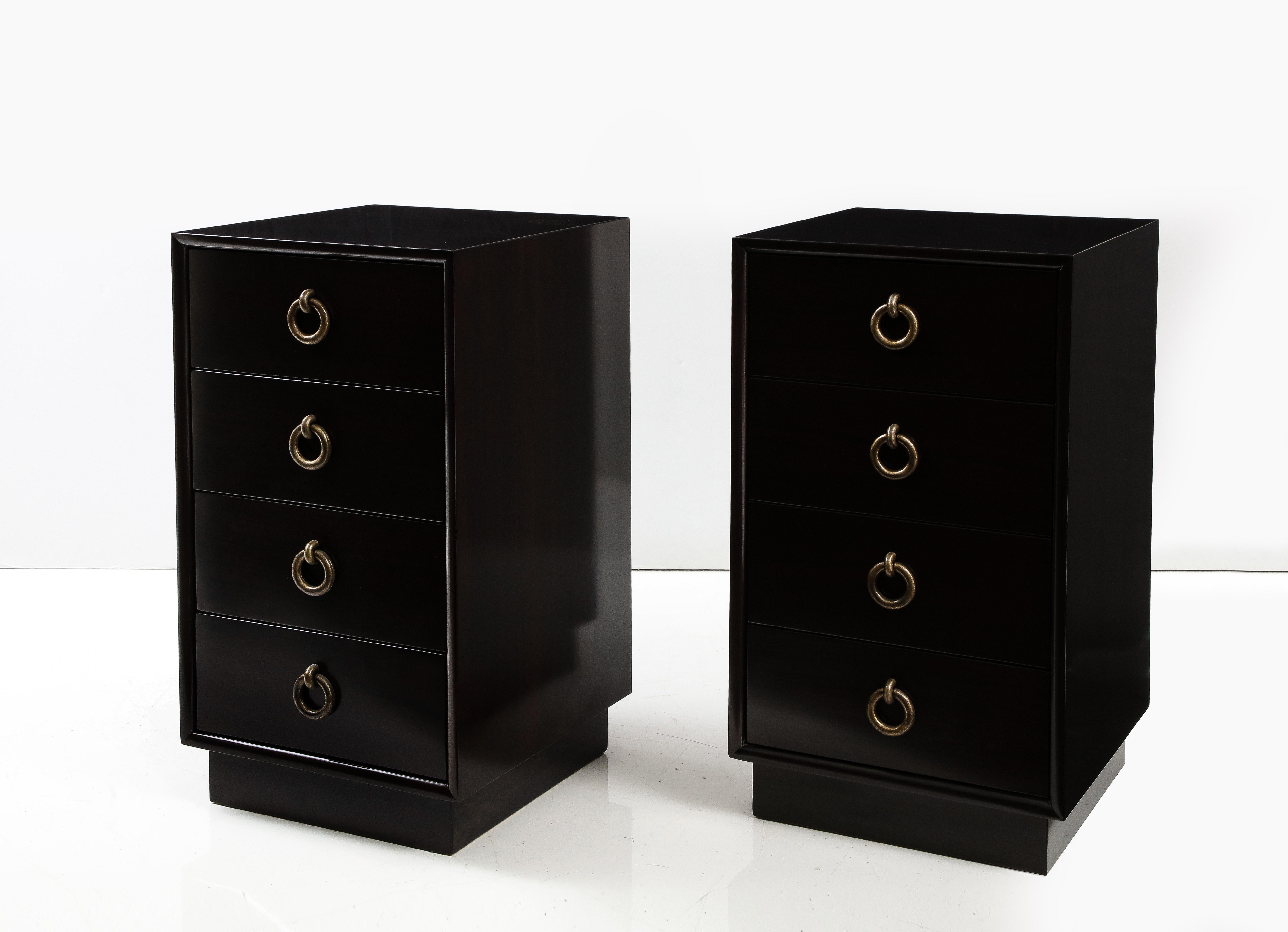 Pair of mint restored Art Deco meets Mid Century Modern nightstands in a Espresso stain finish, Nightstands feature 4 drawers with original solid hammered bronze ring pulls. 