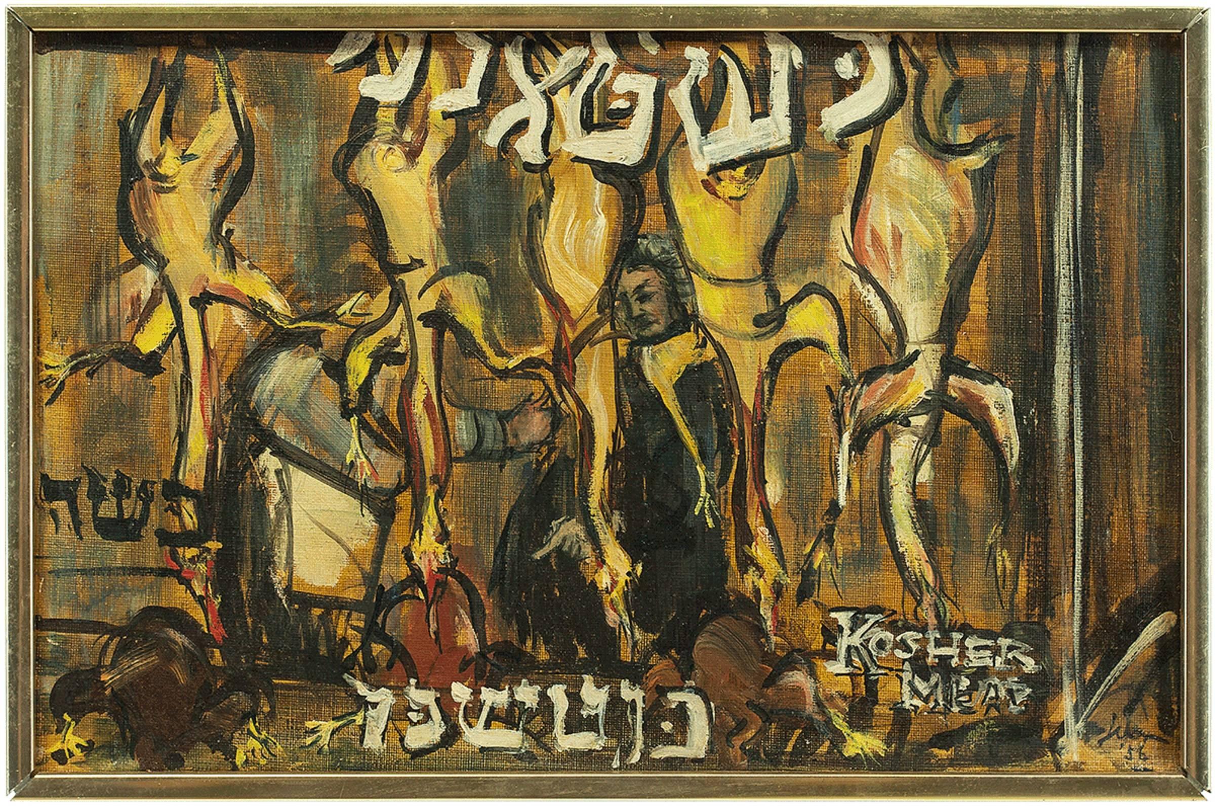 Ralph Zern Figurative Painting – Kosher Meat, Judaica, Ölgemälde aus der Mitte des Jahrhunderts