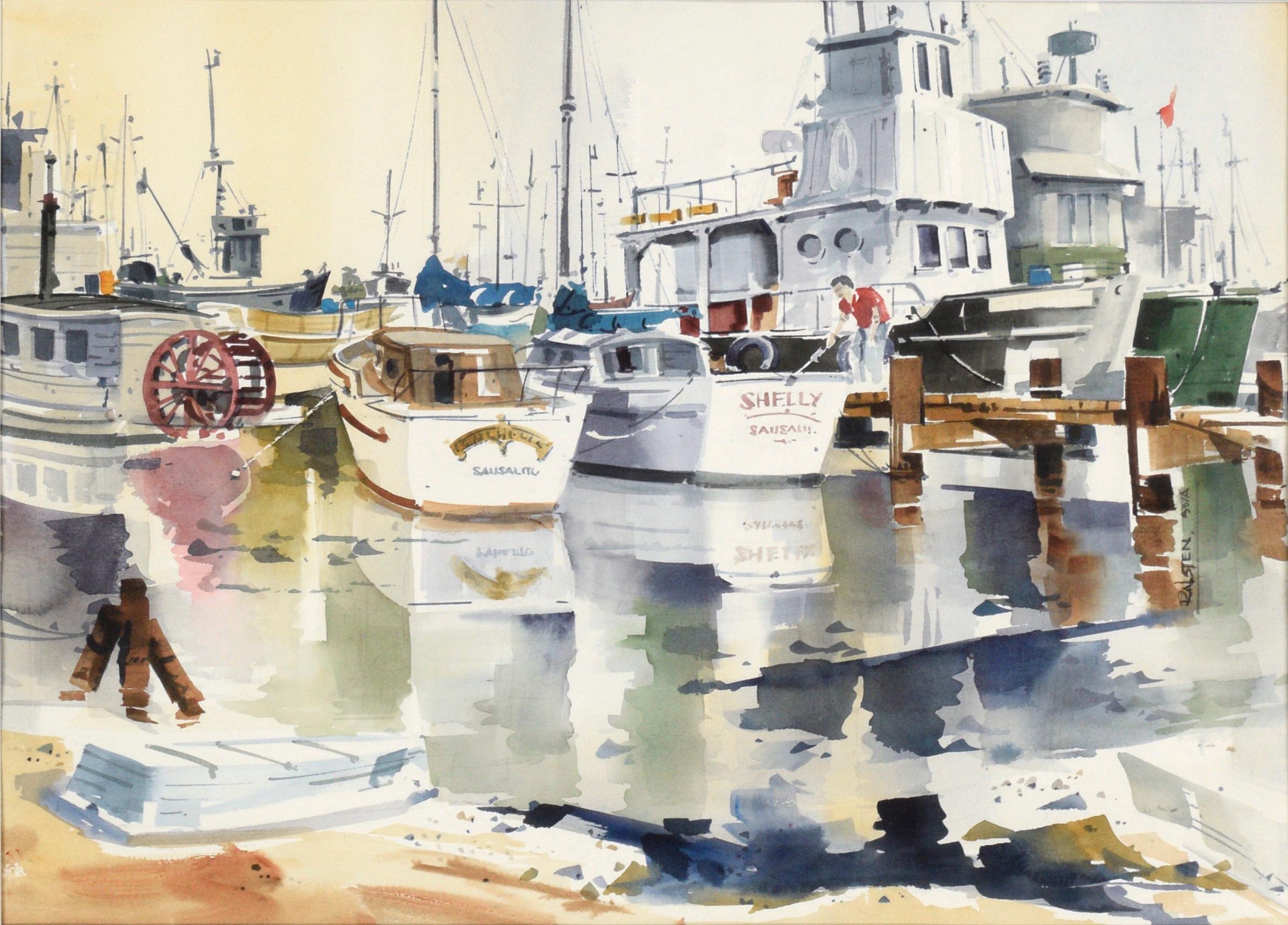 Boats at Sausalito Harbor - Watercolor on Paper - Painting by Ralsten