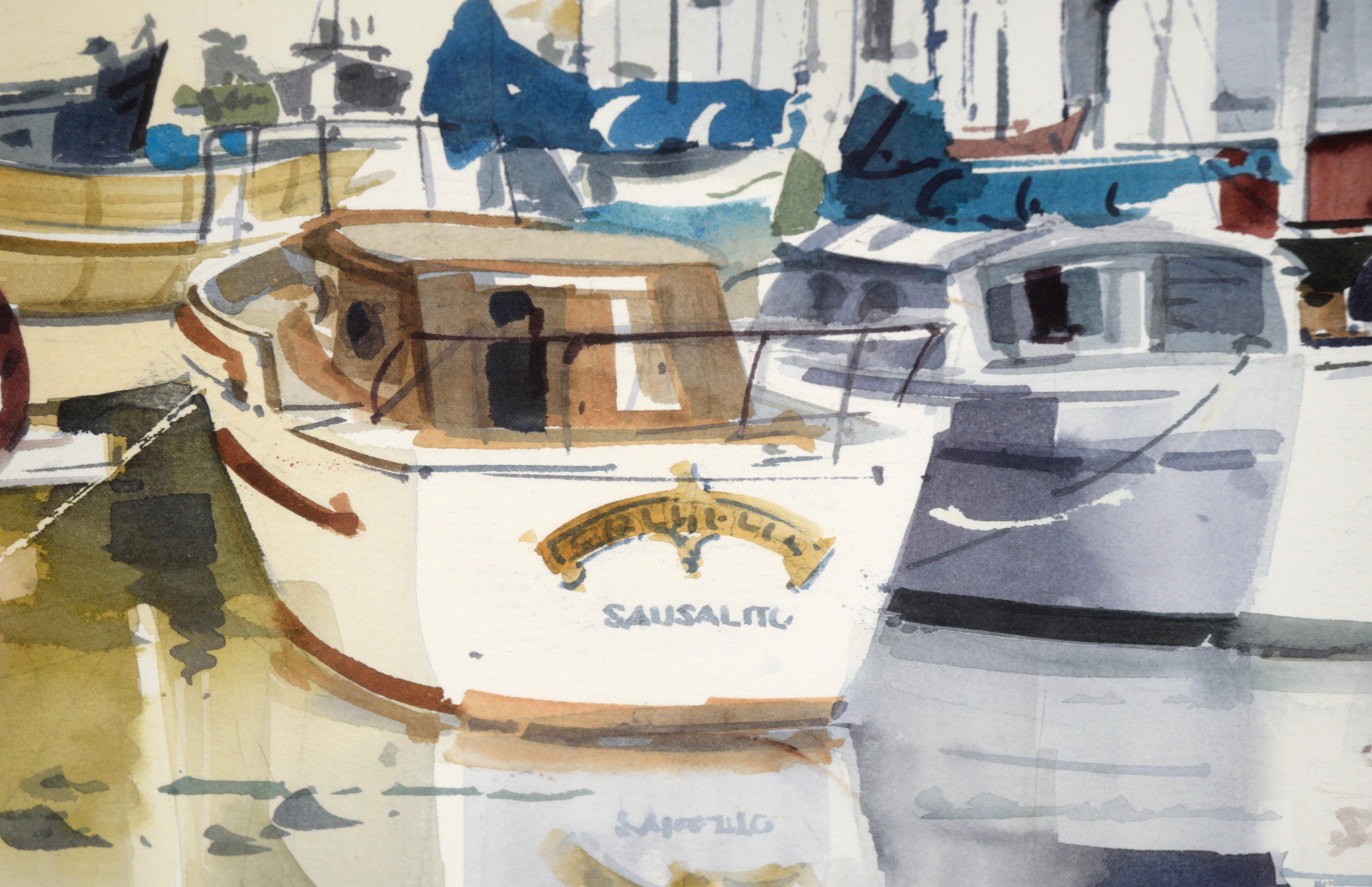 Boats at Sausalito Harbor - Watercolor on Paper - American Impressionist Painting by Ralsten