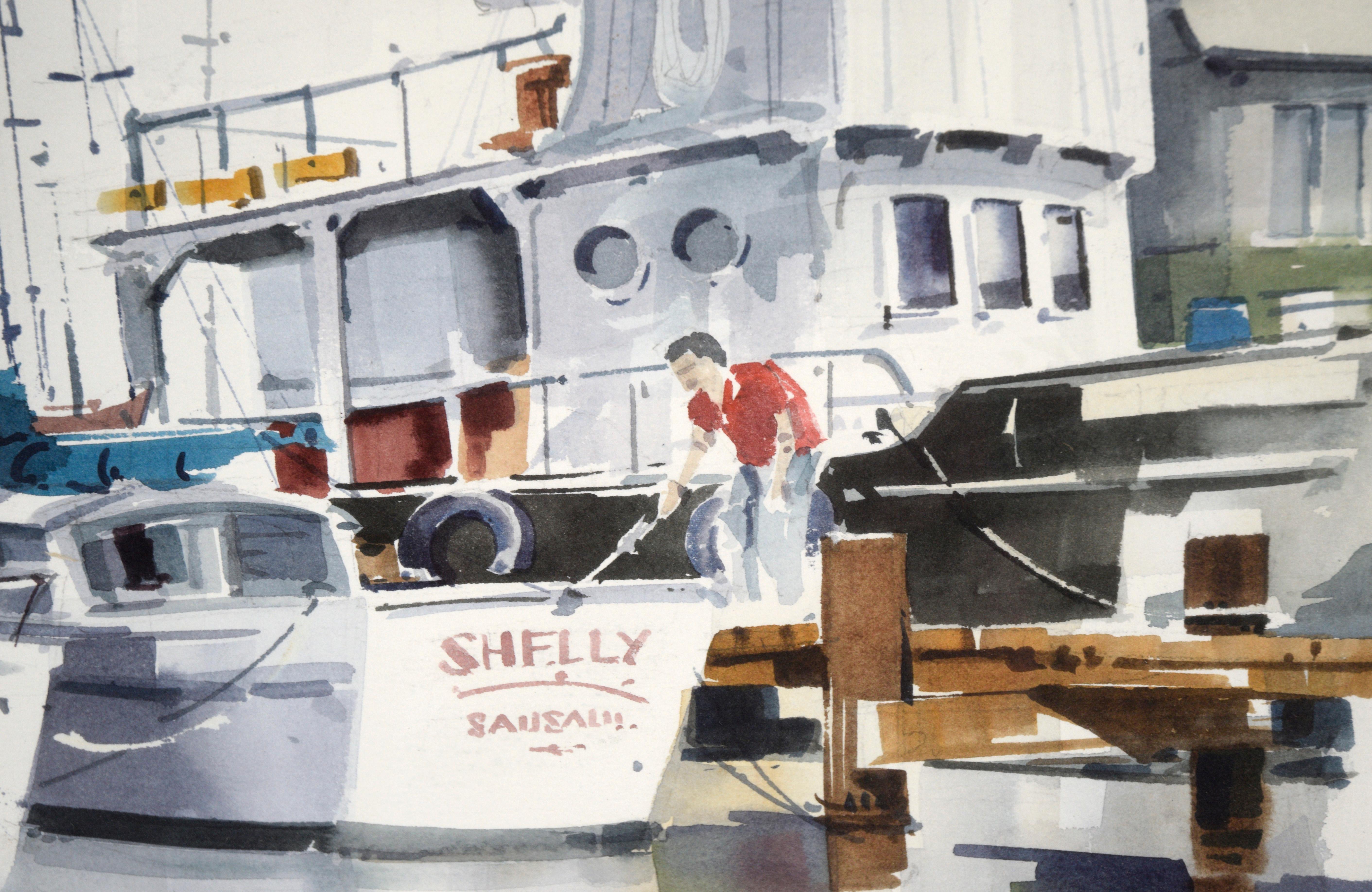 Boats at Sausalito Harbor - Watercolor on Paper - Beige Landscape Painting by Ralsten