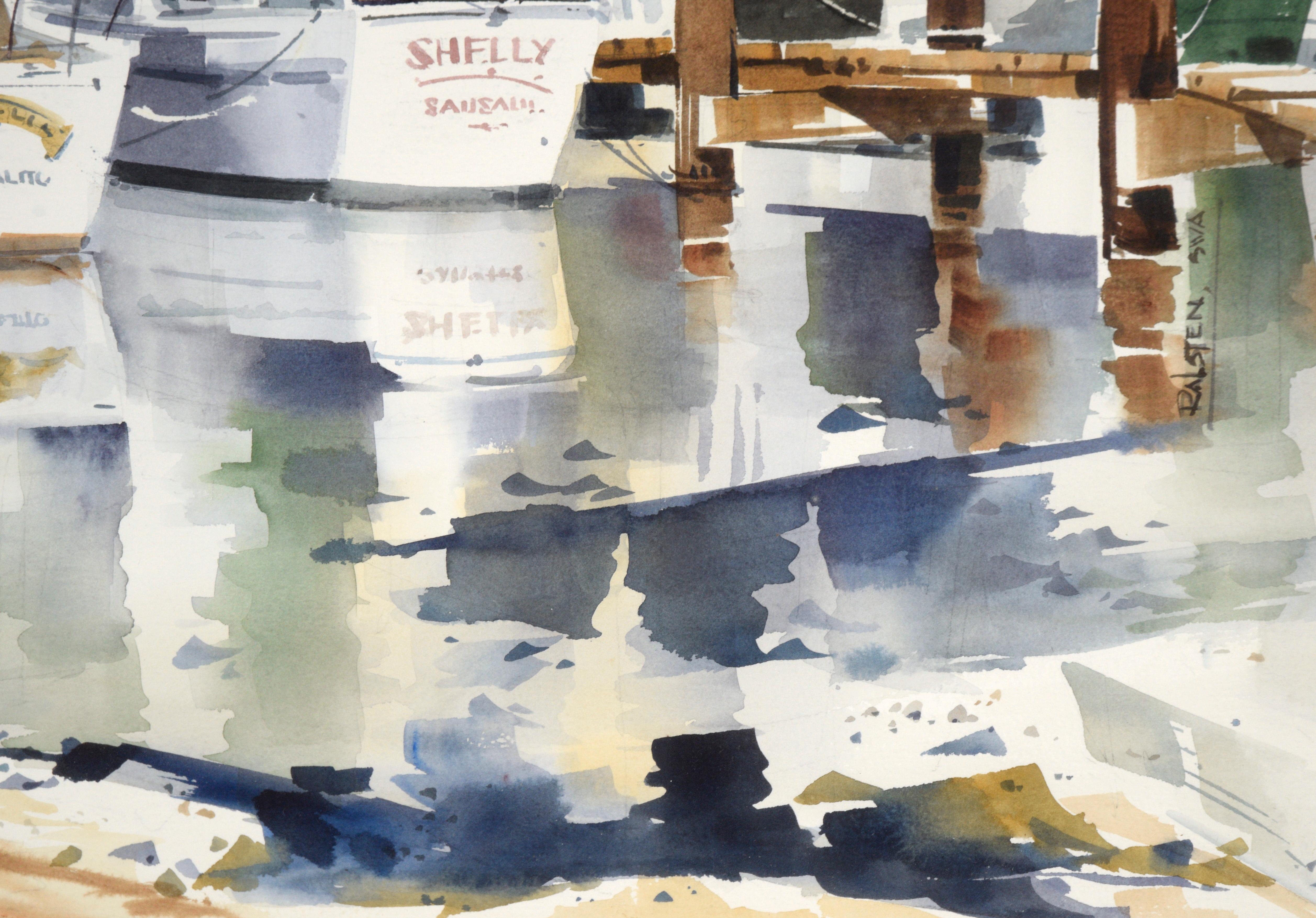Boats at Sausalito Harbor - Watercolor on Paper

Harbor scene by Bay Area artist Ralsten (American, 20th Century). Many boats are docked in the harbor. One of them is being cleaned by a man in a red shirt. The piece is wonderfully detailed, with