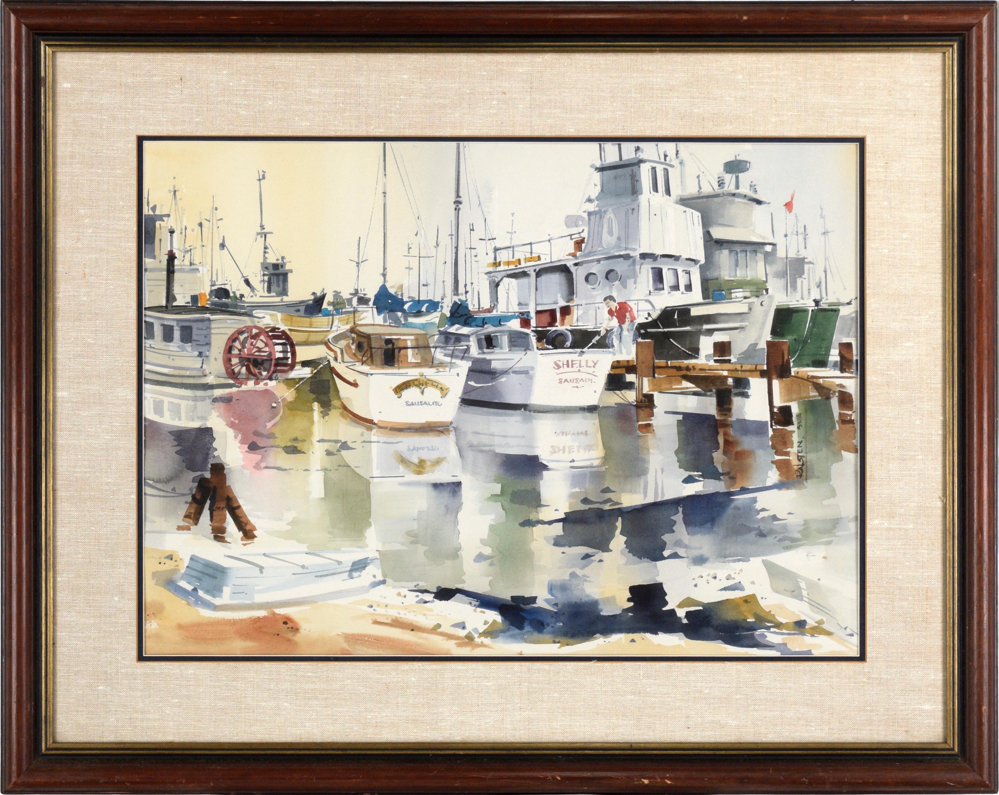 Aquarelle sur papier - « Boats at Sausalito Harbor »