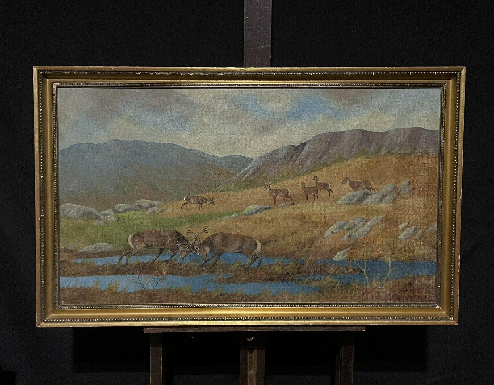 Peinture à l'huile signée « Stags Rutting in Scottish Highland Landscape » représentant une famille de cerfs - Painting de Ralston Gudgeon