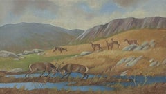 Stags Rutting in Scottish Highland Landscape Family of Deer Signed Oil Painting