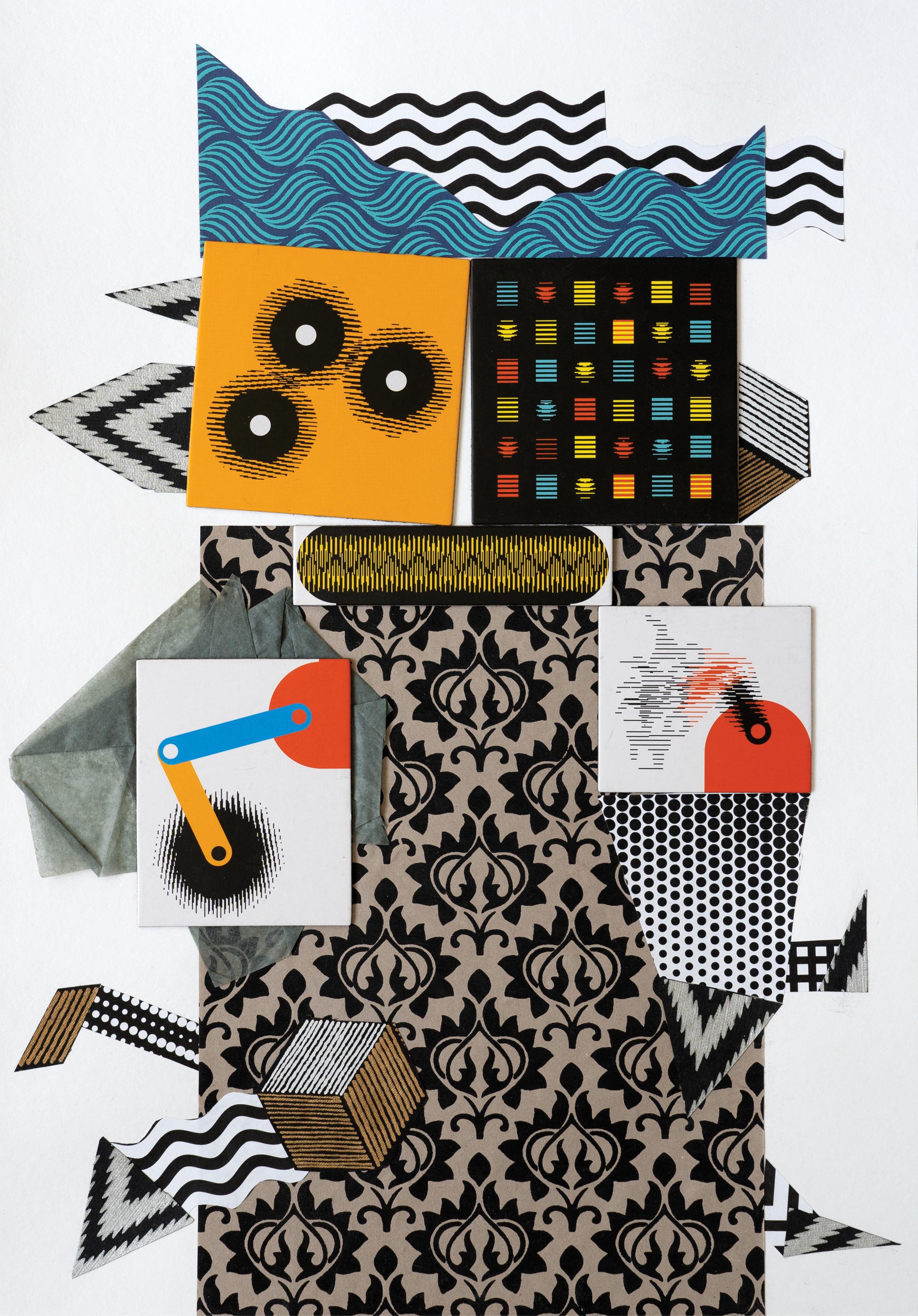 Raluca Arnăutu Figurative Art – Paper Mill - Schwarz, Gelb, Blau, Orange, Collage