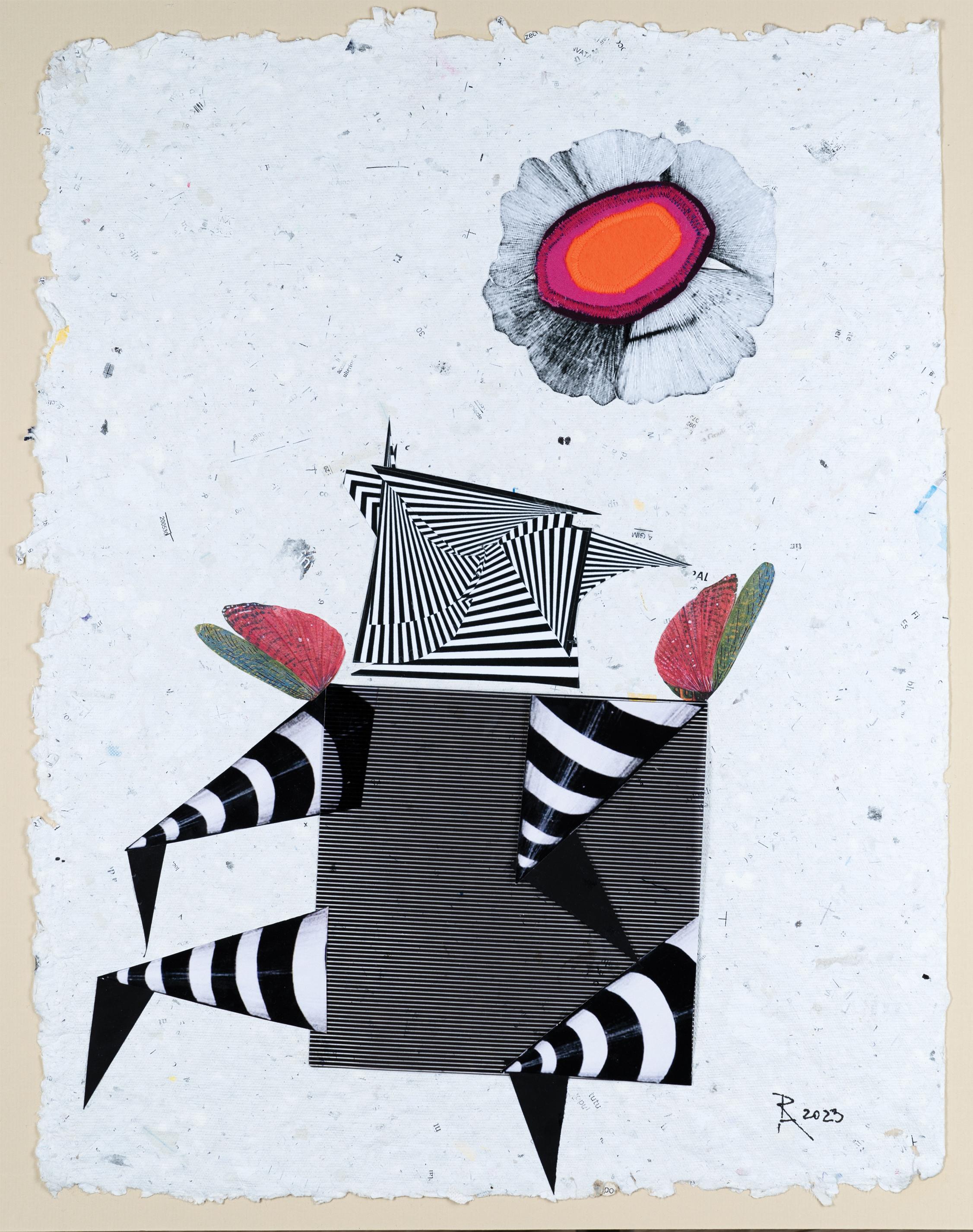 The Flight - Collage, blanc, rouge, noir, art contemporain, surréaliste