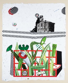 The House - 21st Century, Paper, Green, Collage, Red