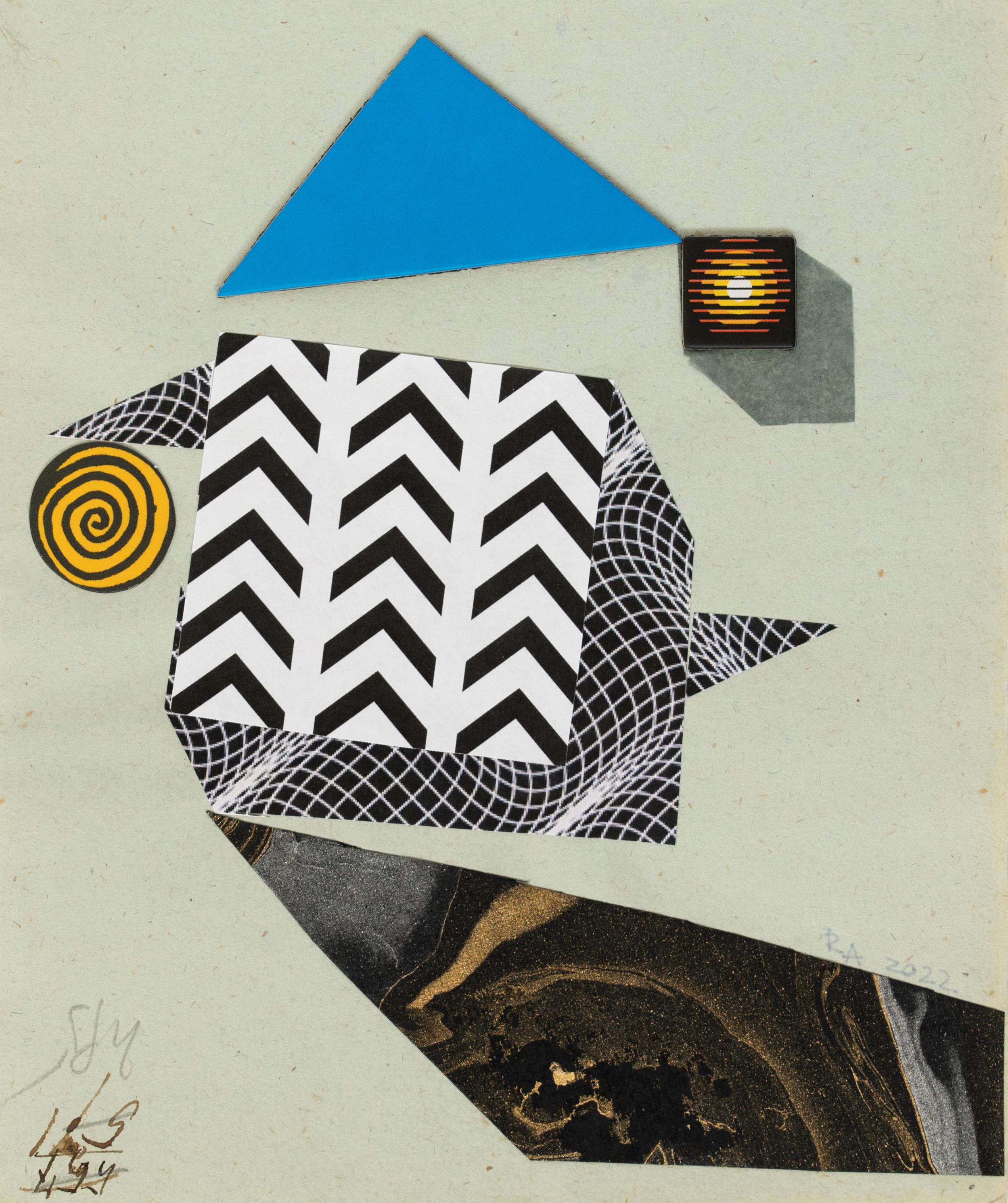 Raluca Arnăutu Abstract Drawing – Das Dreieck Galaxy – Blau, Schwarz, Weiß, Collage