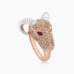 Ram Aries Animal Fancy Diamond Ruby 18K Rose & White Gold Ring