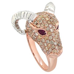 Ram Aries Animal Fancy Diamond Ruby 18K Rose & White Gold Ring