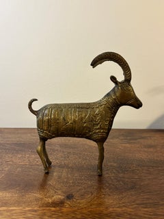 Vintage 1960s Brass Ram Sculpture With Etched Figural Motifs