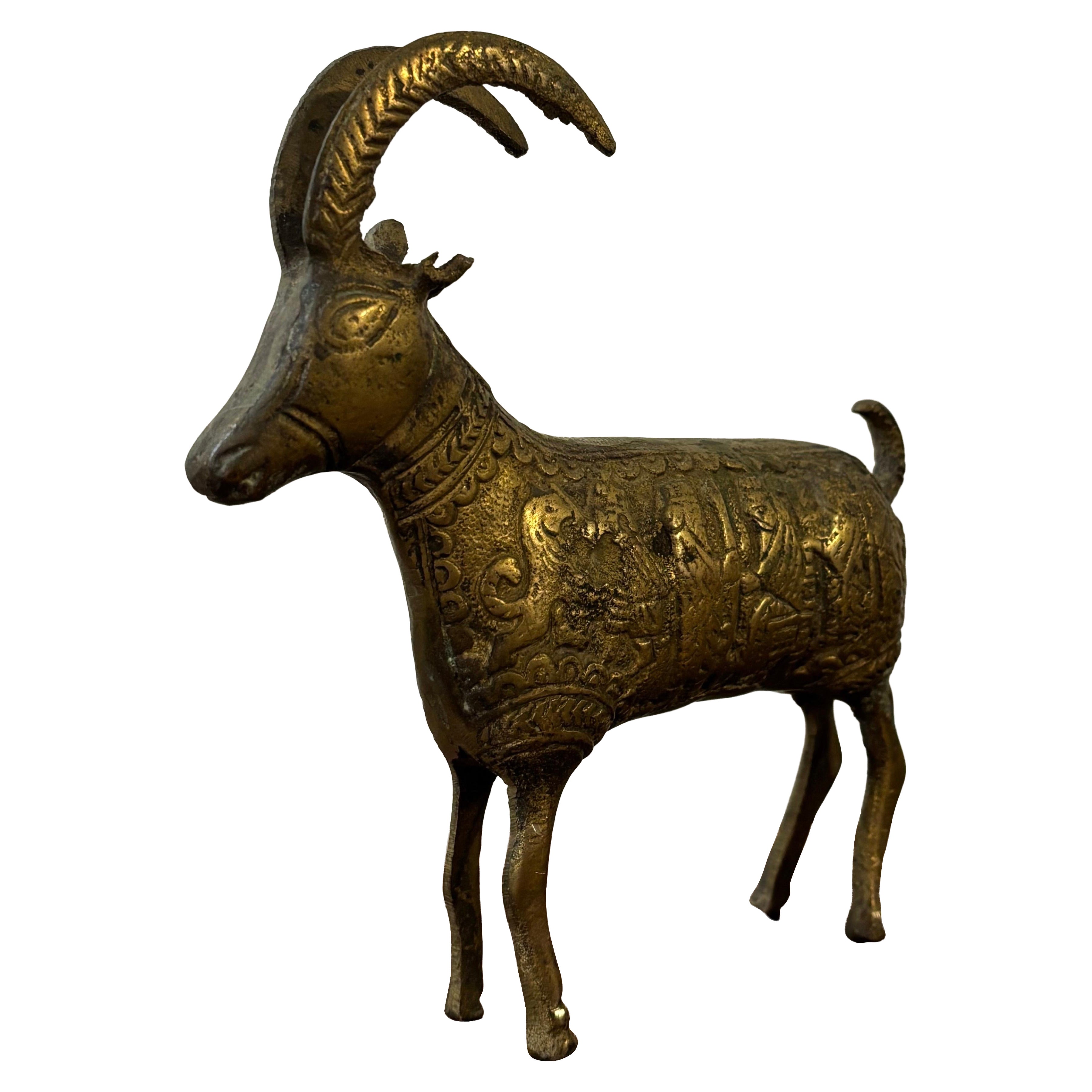 Vintage 1960s Brass Ram Sculpture With Etched Figural Motifs