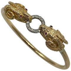 Retro Ram Head Aries Bangle Bracelet Diamond Ruby 14 Karat Gold