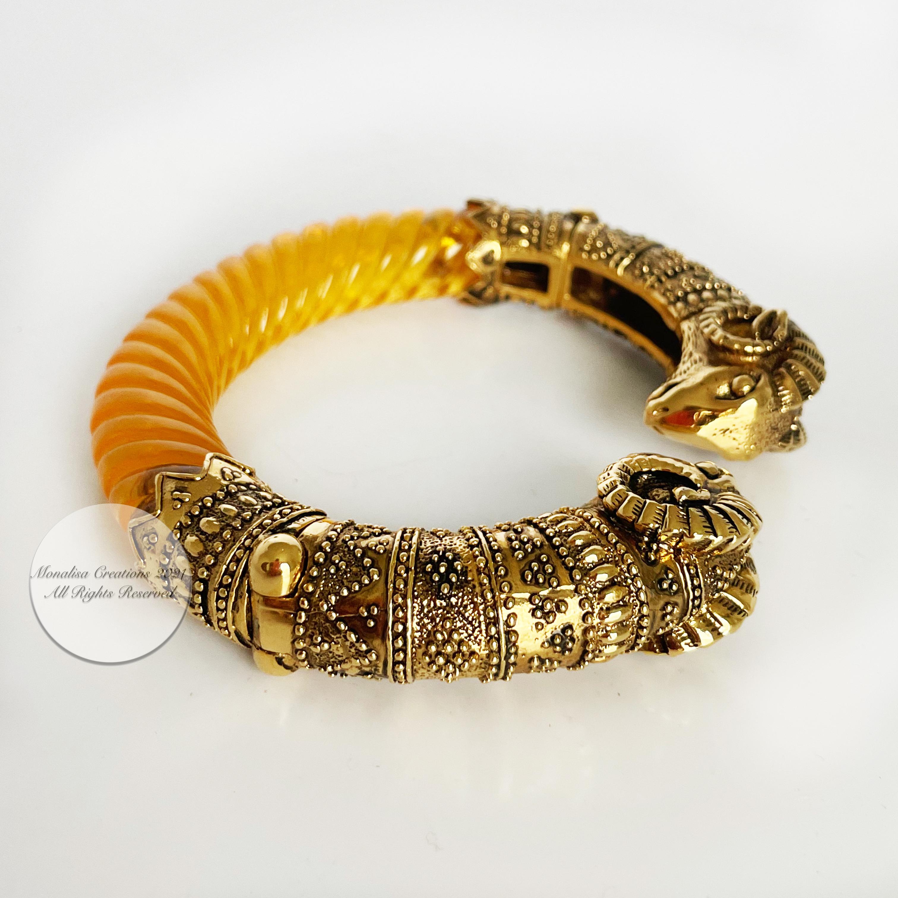 Ram Head Bracelet Gold Metal and Resin Clamper Etruscan Revival Vintage 70s 5