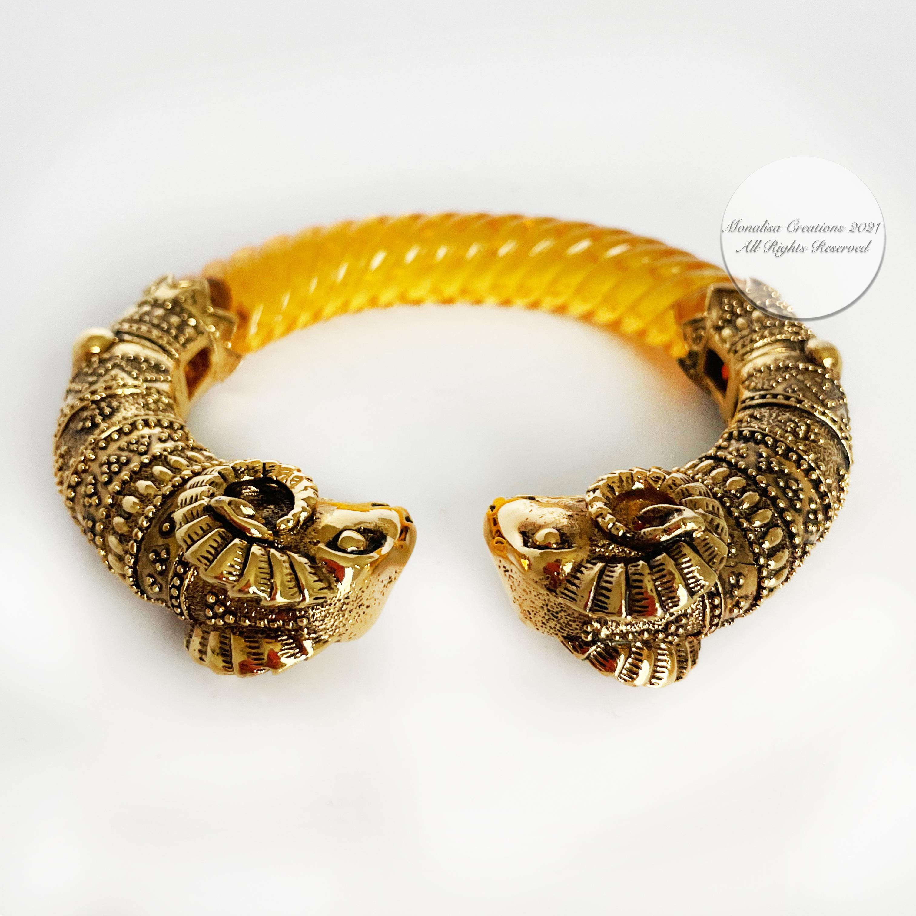 Ram Head Bracelet Gold Metal and Resin Clamper Etruscan Revival Vintage 70s 6