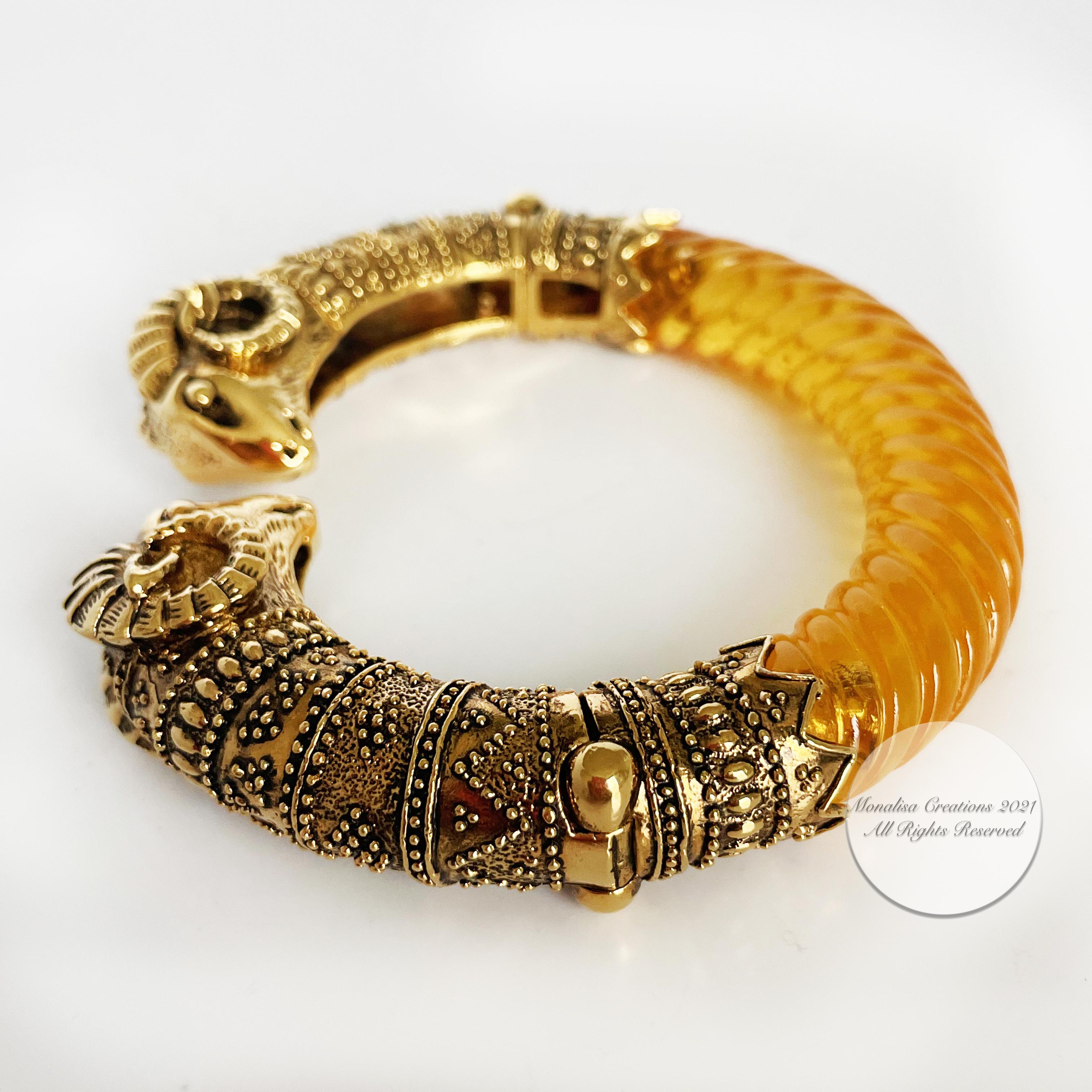 Ram Head Bracelet Gold Metal and Resin Clamper Etruscan Revival Vintage 70s 8