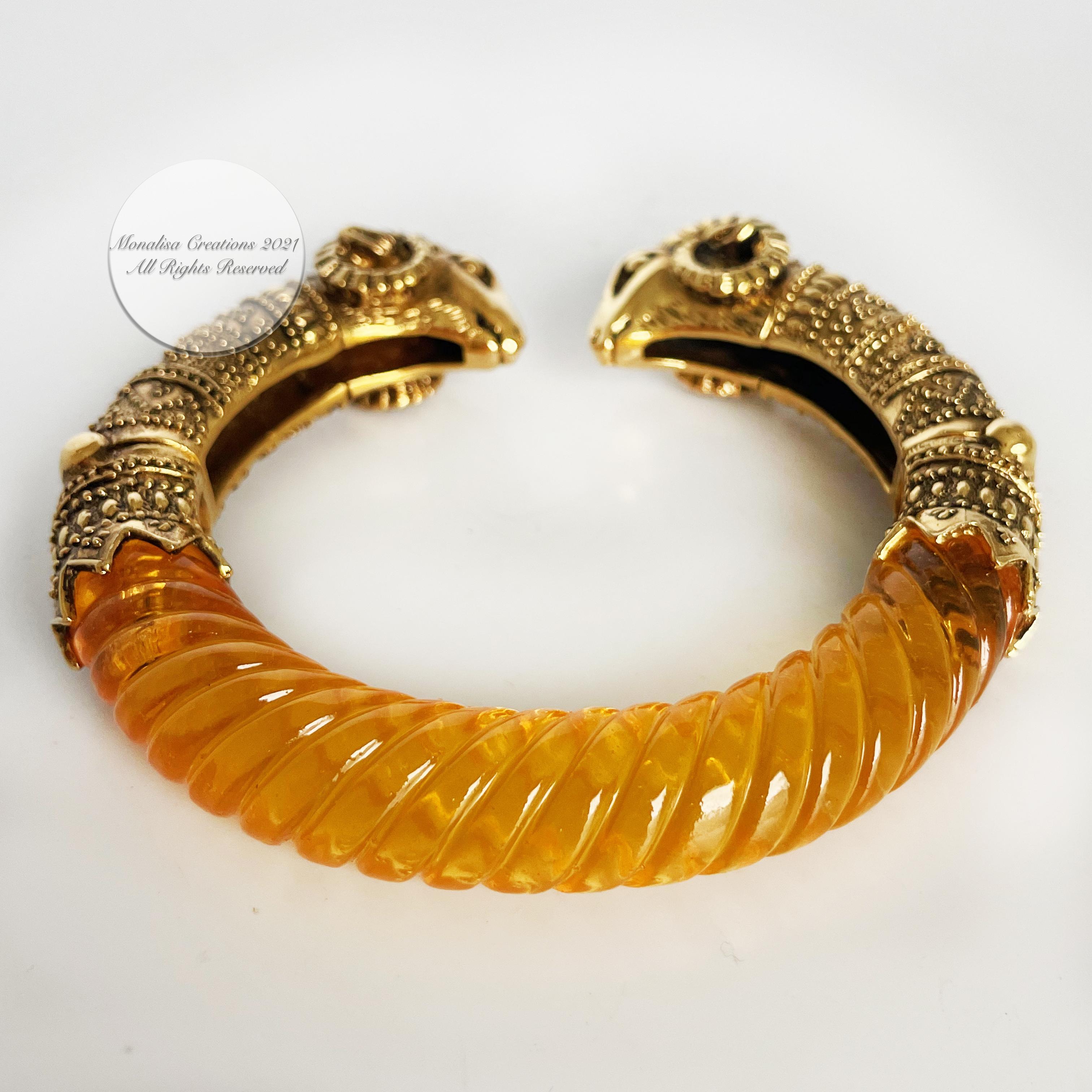 Ram Head Bracelet Gold Metal and Resin Clamper Etruscan Revival Vintage 70s 9