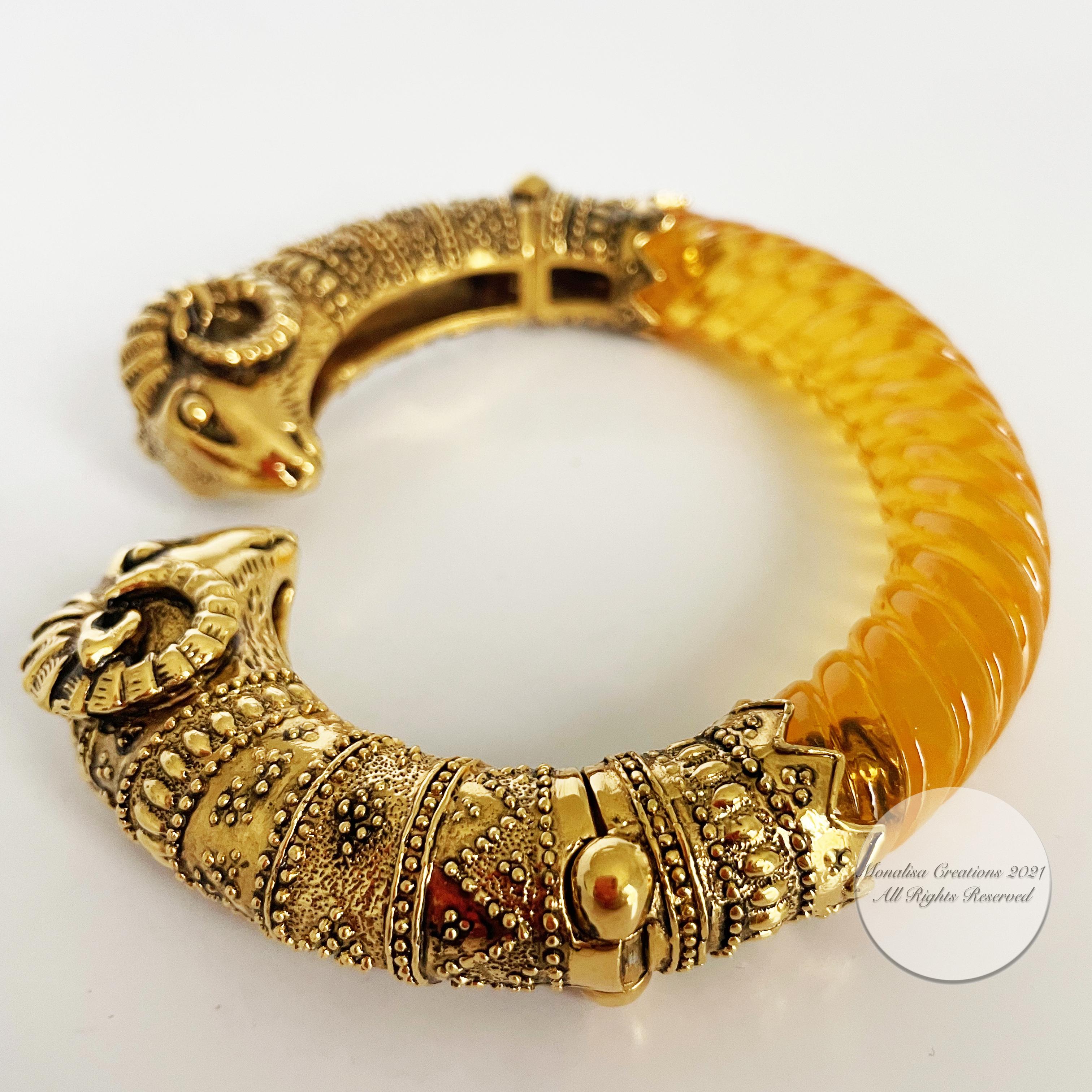 Ram Head Bracelet Gold Metal and Resin Clamper Etruscan Revival Vintage 70s 10