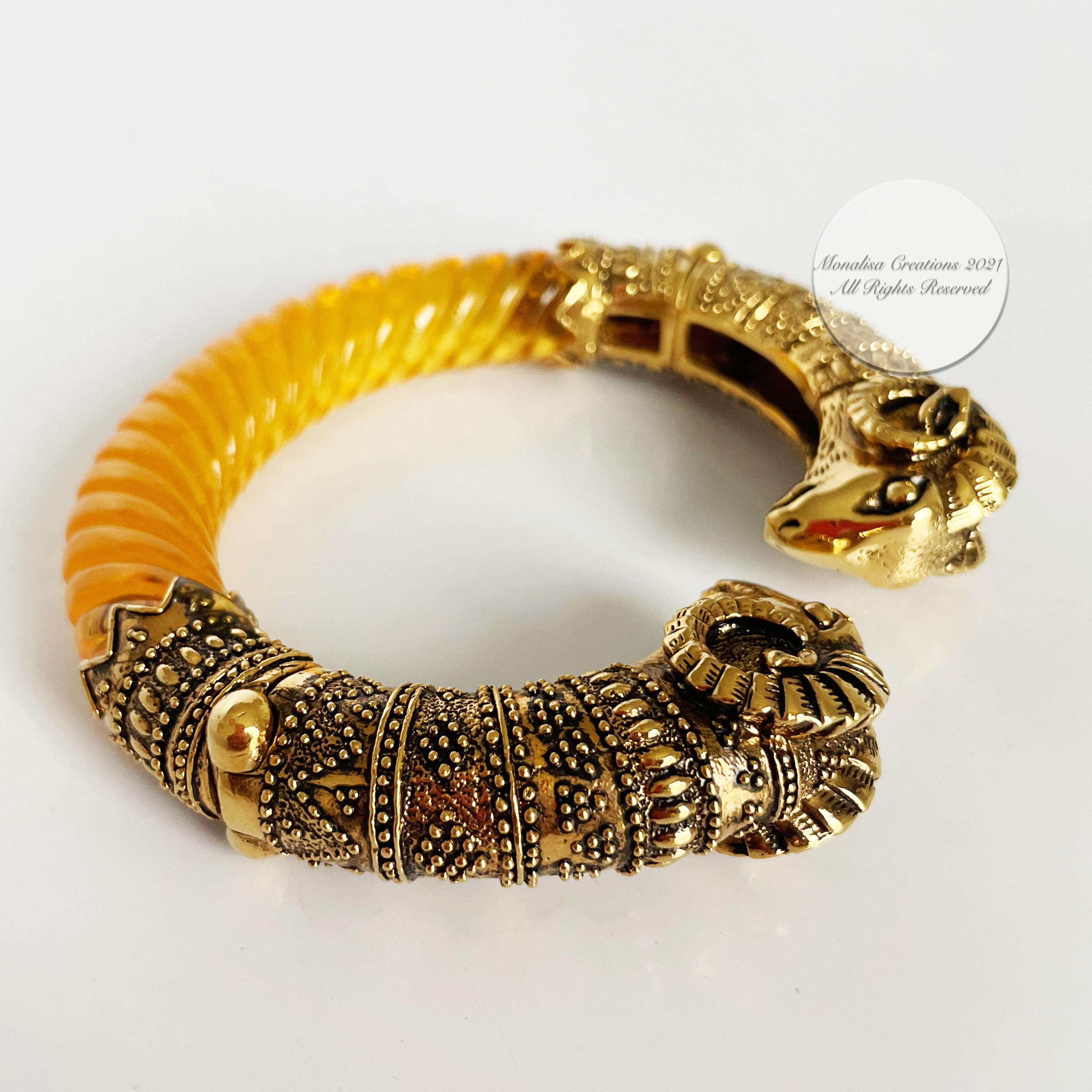 Ram Head Bracelet Gold Metal and Resin Clamper Etruscan Revival Vintage 70s 11
