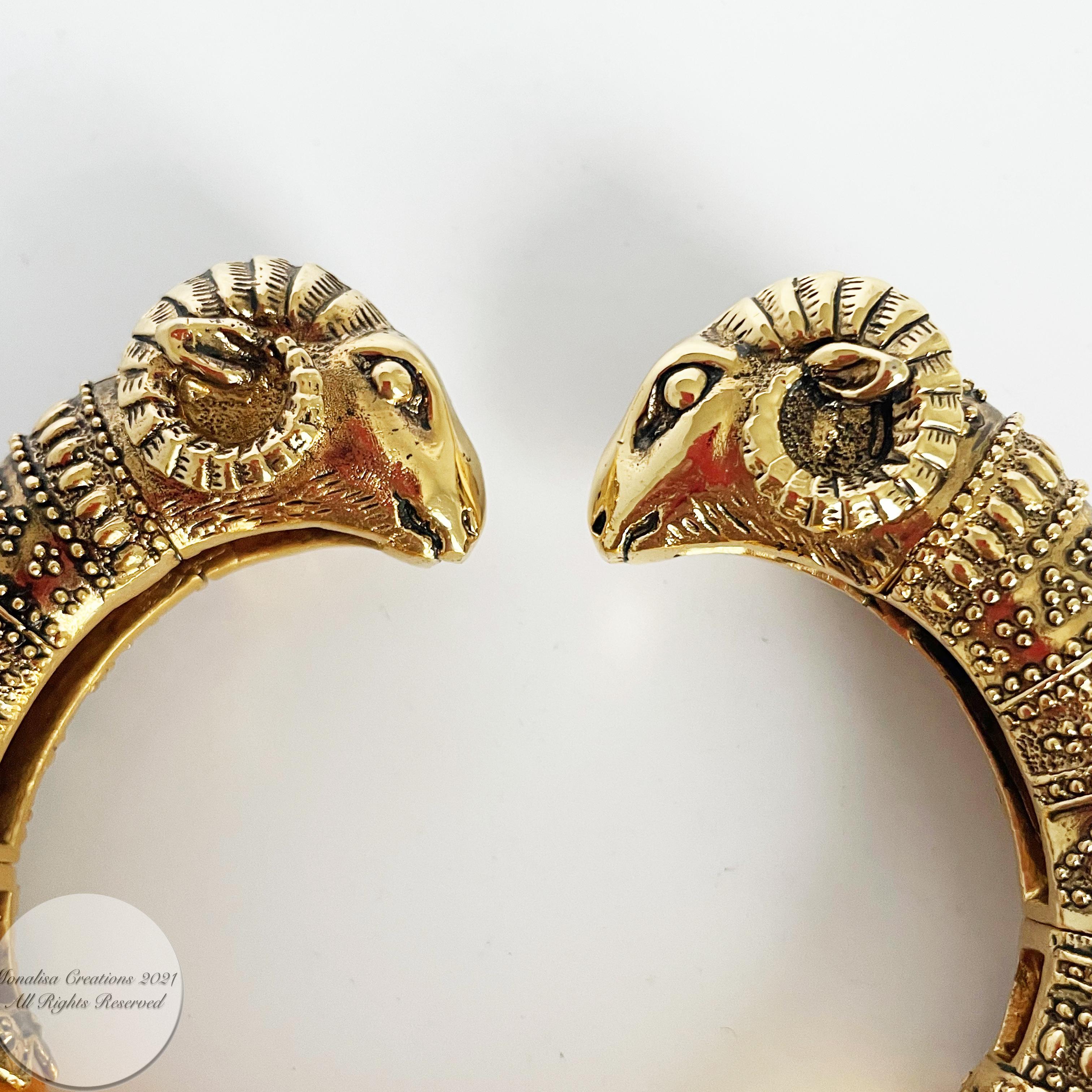 Ram Head Bracelet Gold Metal and Resin Clamper Etruscan Revival Vintage 70s 1