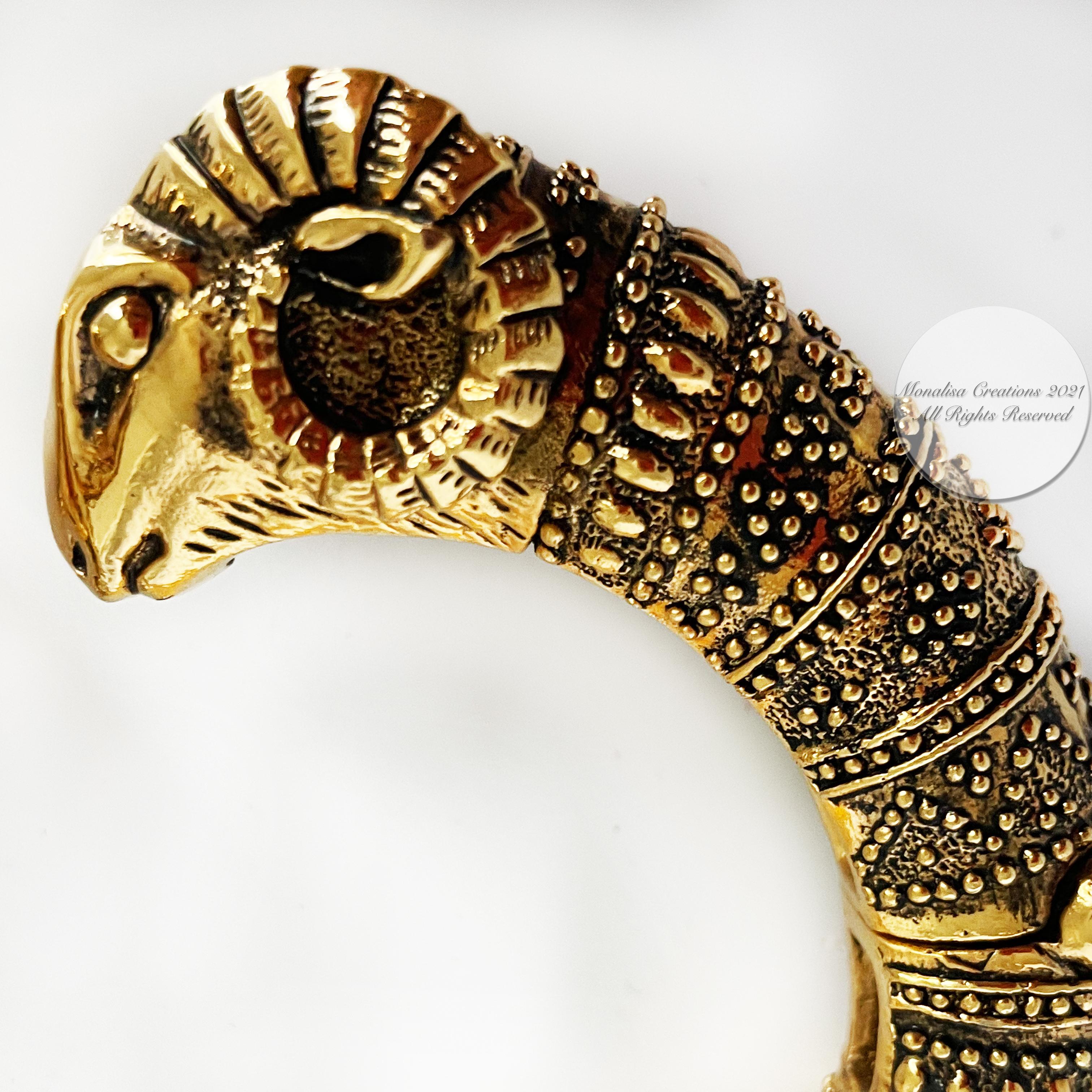 Ram Head Bracelet Gold Metal and Resin Clamper Etruscan Revival Vintage 70s 2