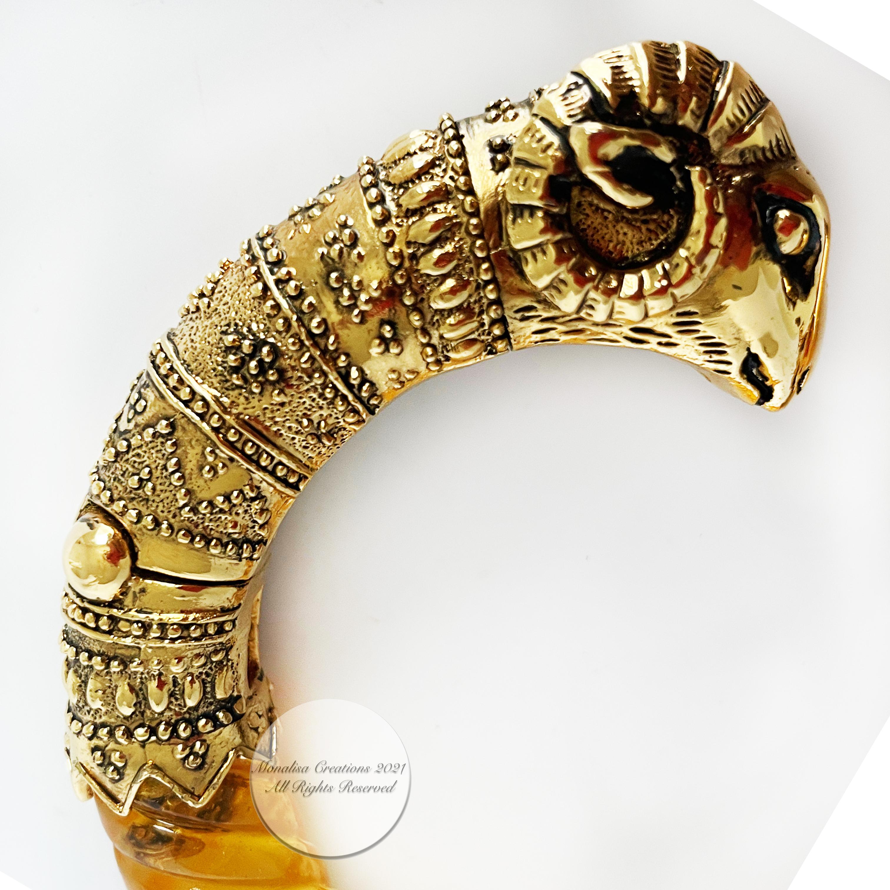 Ram Head Bracelet Gold Metal and Resin Clamper Etruscan Revival Vintage 70s 3