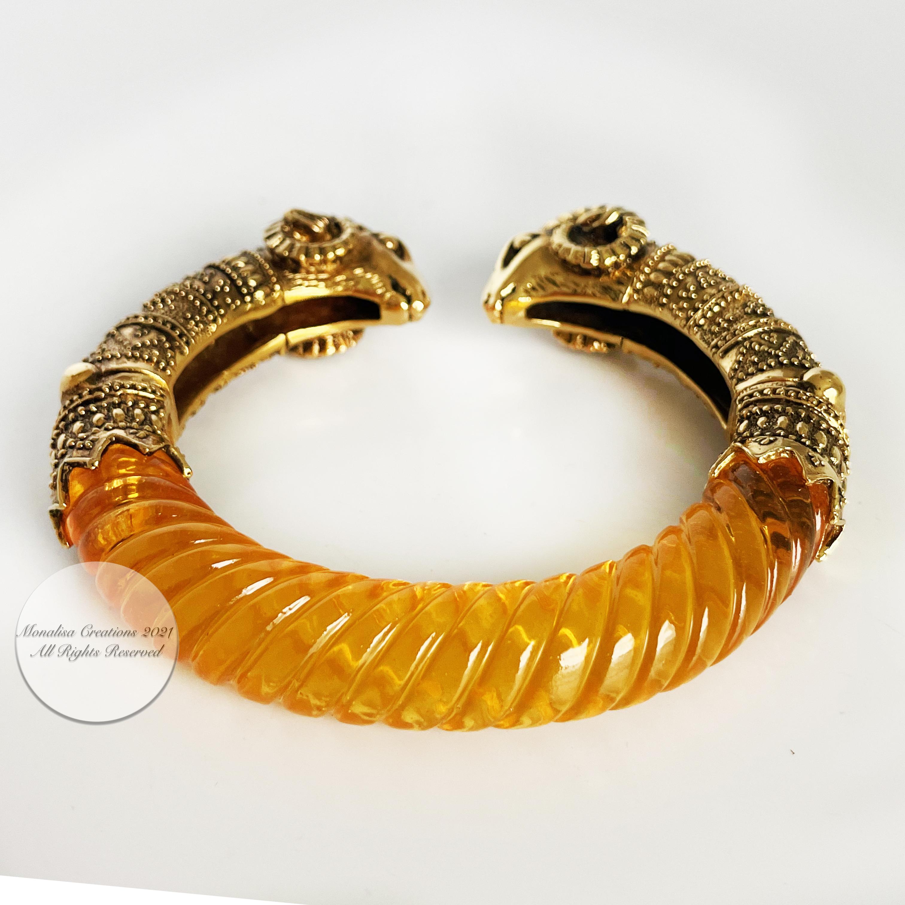 Ram Head Bracelet Gold Metal and Resin Clamper Etruscan Revival Vintage 70s 4