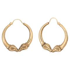 Ram Head Hoop Earrings Vintage 14k Yellow Gold Estate Fine Animal Jewelry