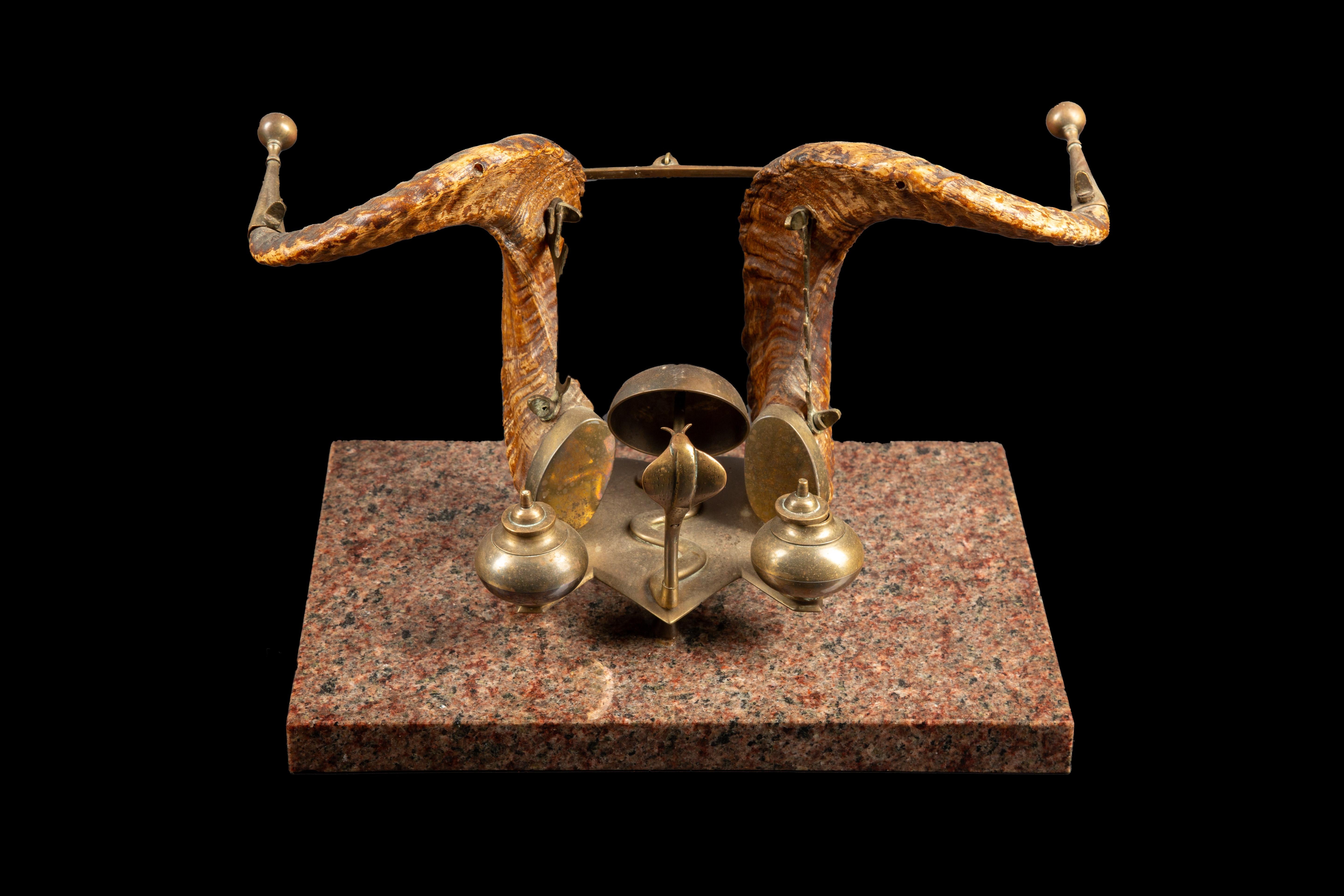 late 19th century Ram Horns with snake on marble Inkwell Desk Set