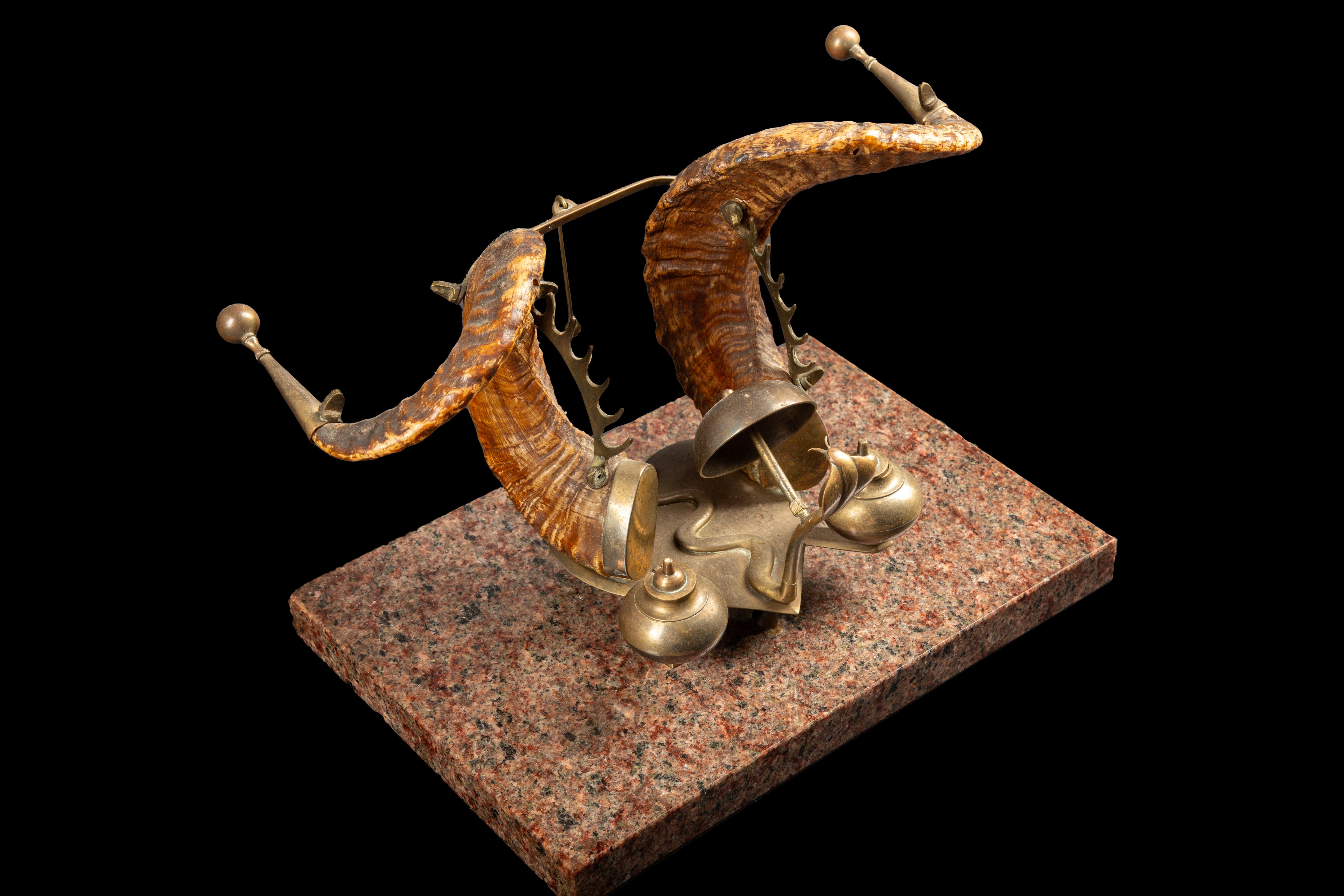 Late Victorian Ram Horns Marble Inkwell Desk Set For Sale