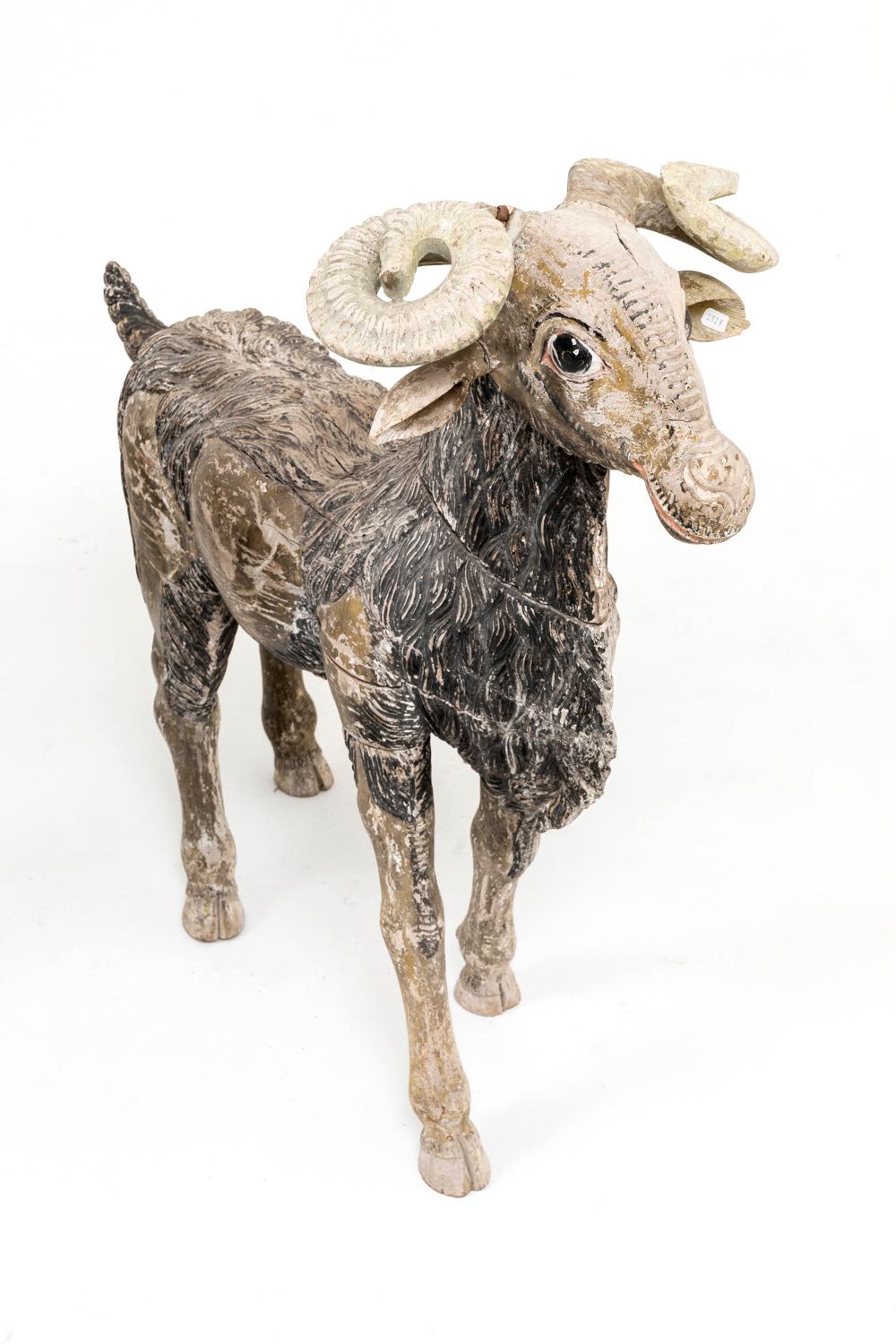 French Ram in Sculpted and Painted Wood, 19th Century