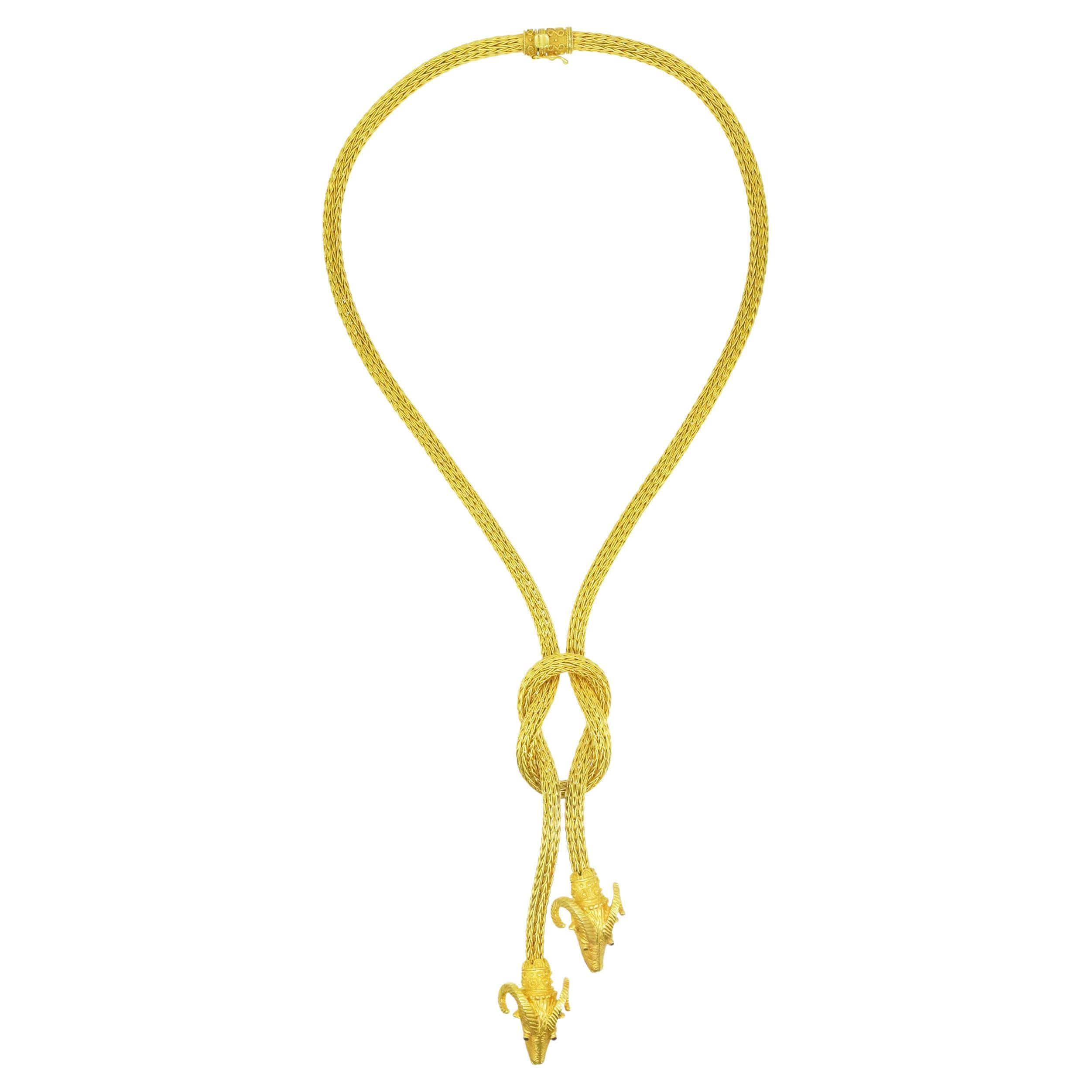 Ram Lariat Necklace In 18k Yellow Gold. For Sale