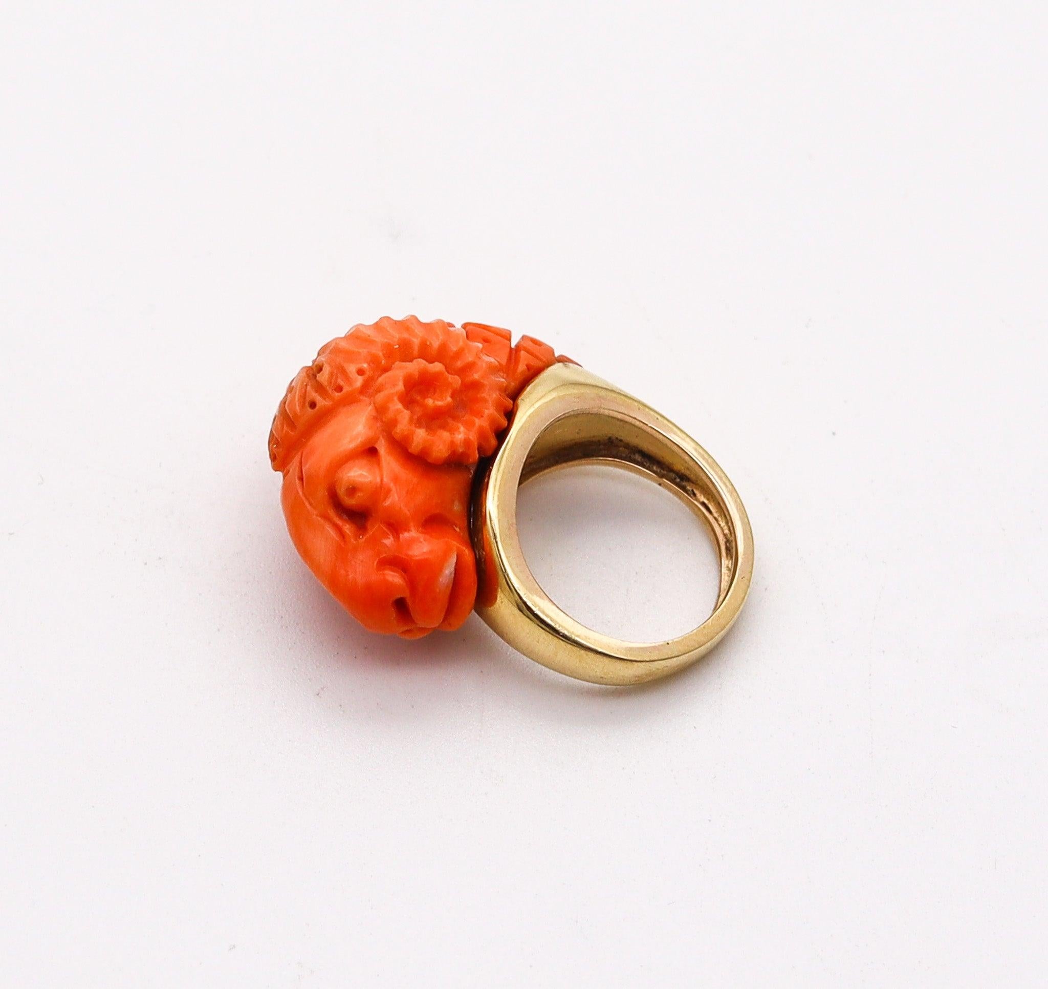 Modernist RAM RING 1970 Zodiacal Italian Sardinian Carved Coral Ram Ring In 18Kt Gold For Sale