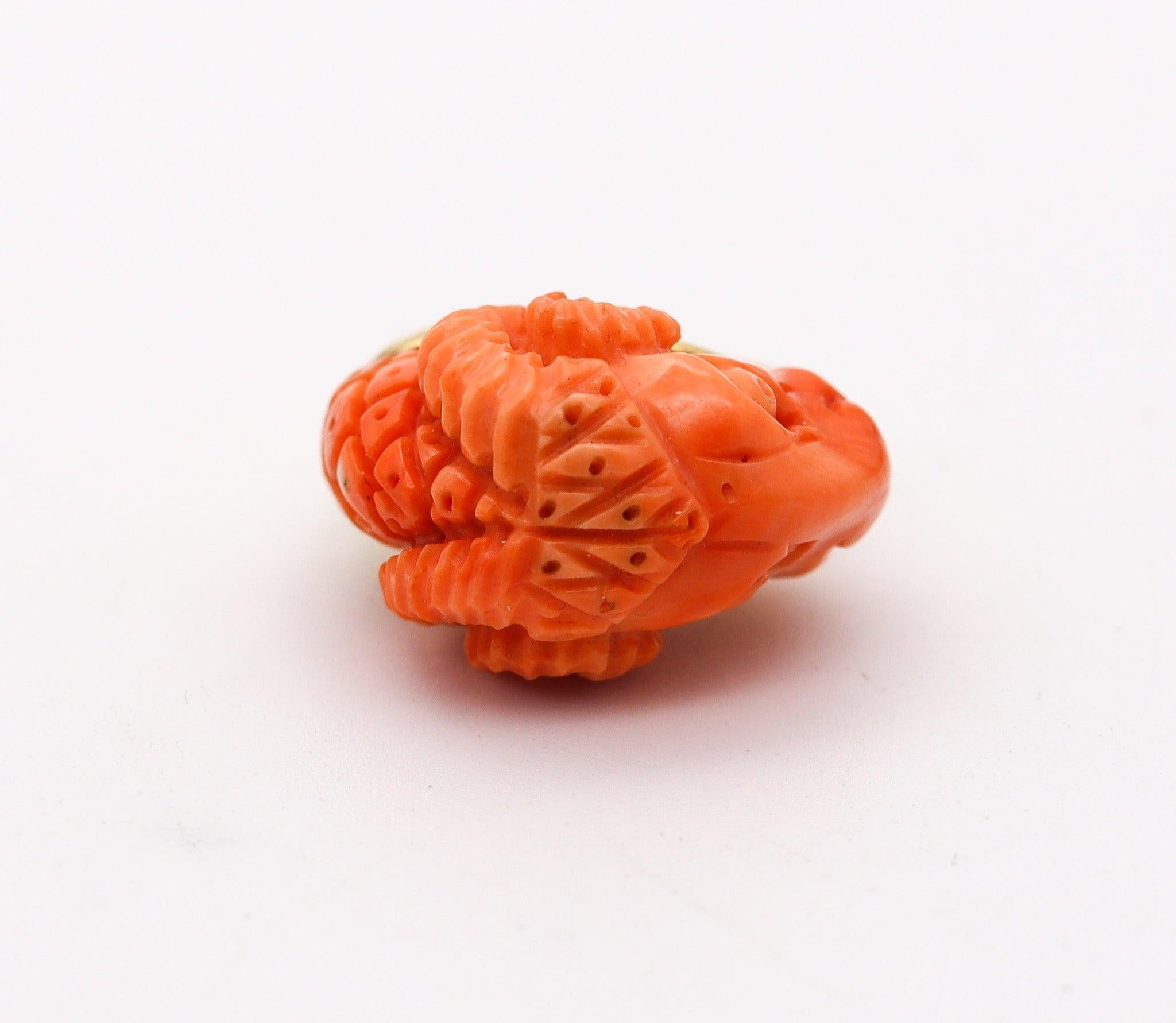 RAM RING 1970 Zodiacal Italian Sardinian Carved Coral Ram Ring In 18Kt Gold In Excellent Condition For Sale In Miami, FL