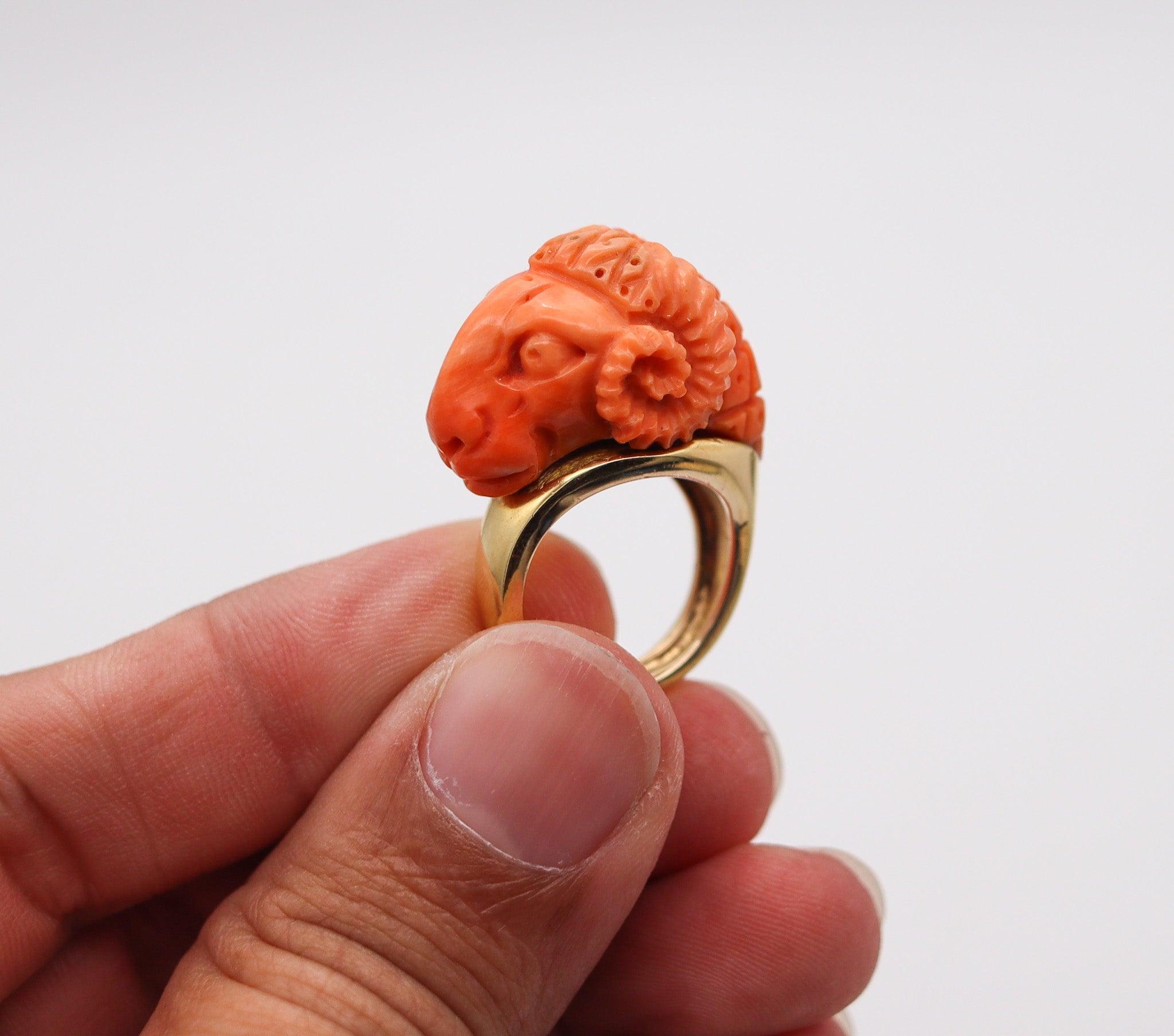Women's RAM RING 1970 Zodiacal Italian Sardinian Carved Coral Ram Ring In 18Kt Gold For Sale
