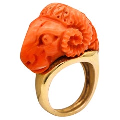 Vintage RAM RING 1970 Zodiacal Italian Sardinian Carved Coral Ram Ring In 18Kt Gold
