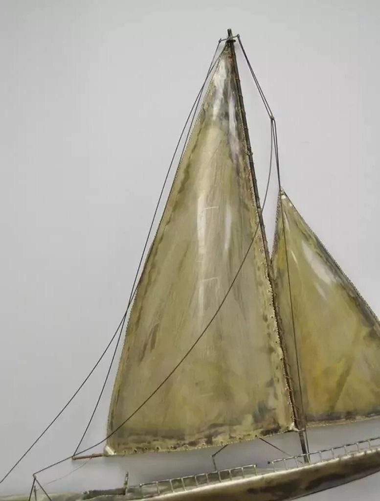 Mid-Century Modern RaMan Brutalist Mid Century Modern Jere Style Brass Clipper Ship Wall Sculpture For Sale