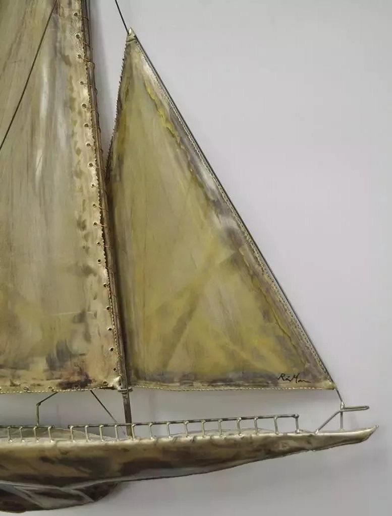 Unknown RaMan Brutalist Mid Century Modern Jere Style Brass Clipper Ship Wall Sculpture For Sale