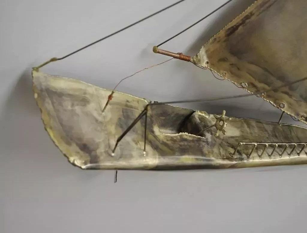20th Century RaMan Brutalist Mid Century Modern Jere Style Brass Clipper Ship Wall Sculpture For Sale