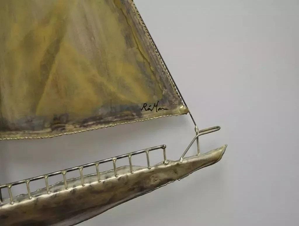 RaMan Brutalist Mid Century Modern Jere Style Brass Clipper Ship Wall Sculpture For Sale 1