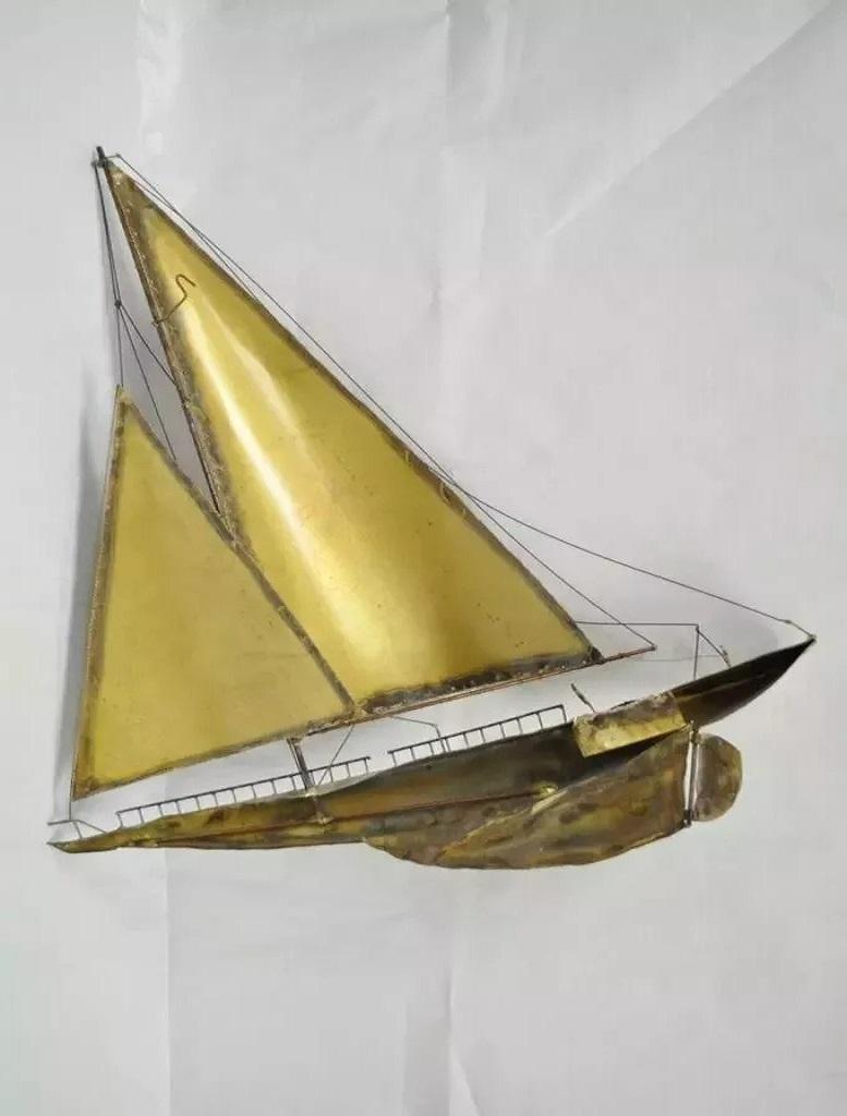 RaMan Brutalist Mid Century Modern Jere Style Brass Clipper Ship Wall Sculpture For Sale 2
