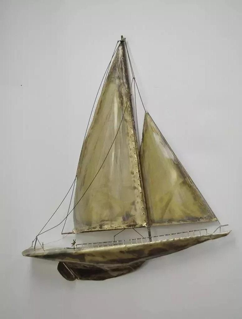 RaMan Brutalist Mid Century Modern Jere Style Brass Clipper Ship Wall Sculpture For Sale 3